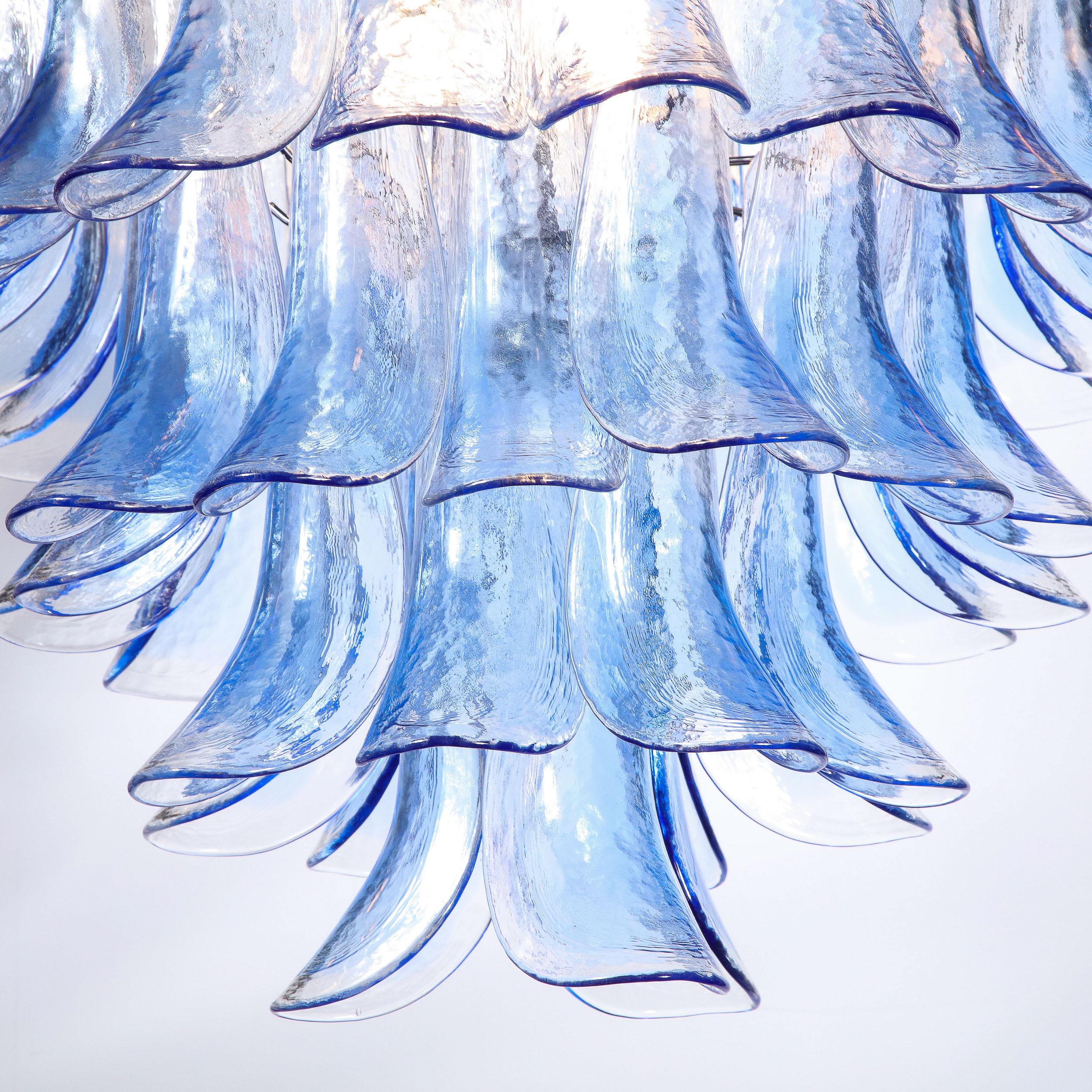 Modernist Four-Tier Hand-Blown Translucent Blue Murano Glass Feather Chandelier For Sale 4