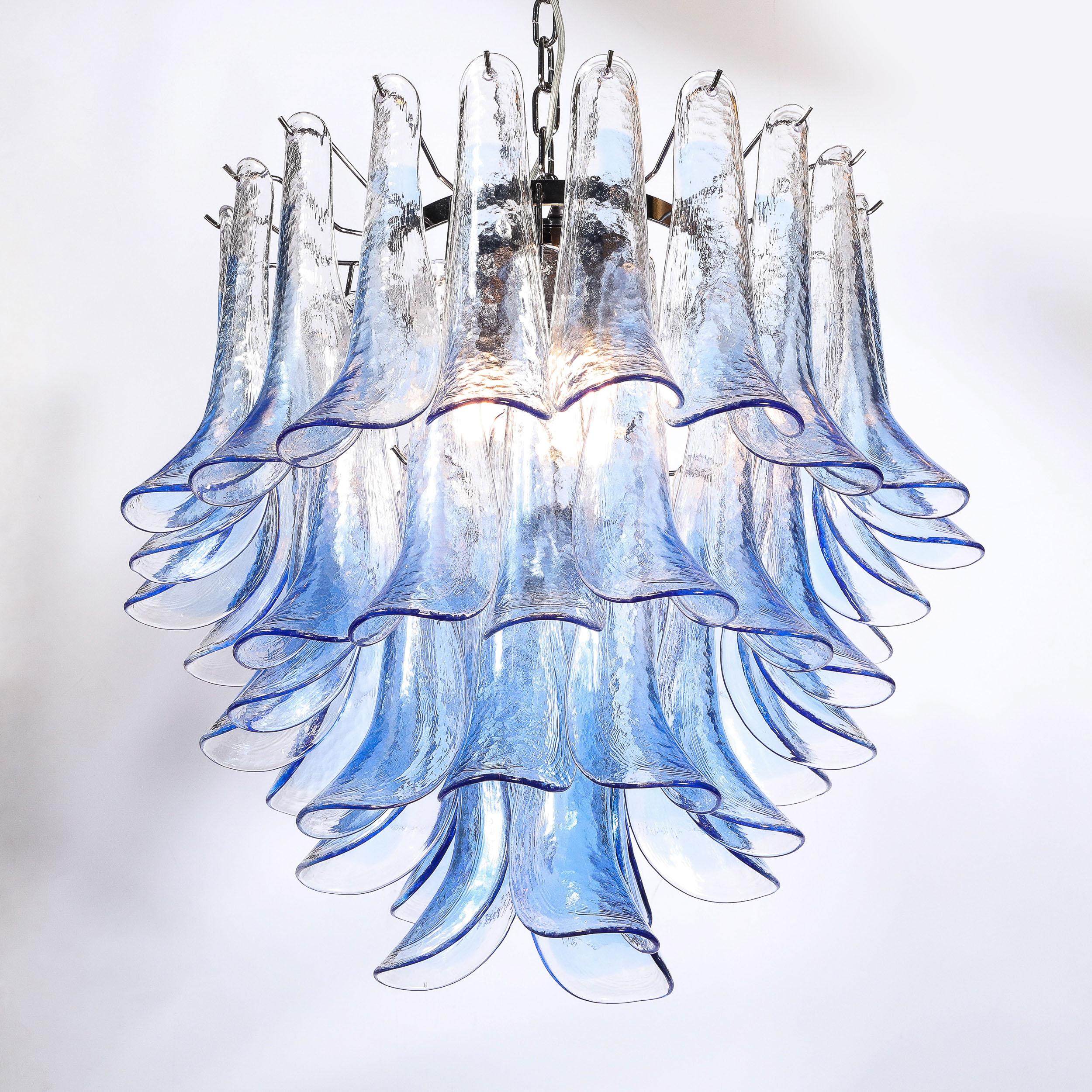Modernist Four-Tier Hand-Blown Translucent Blue Murano Glass Feather Chandelier For Sale 5