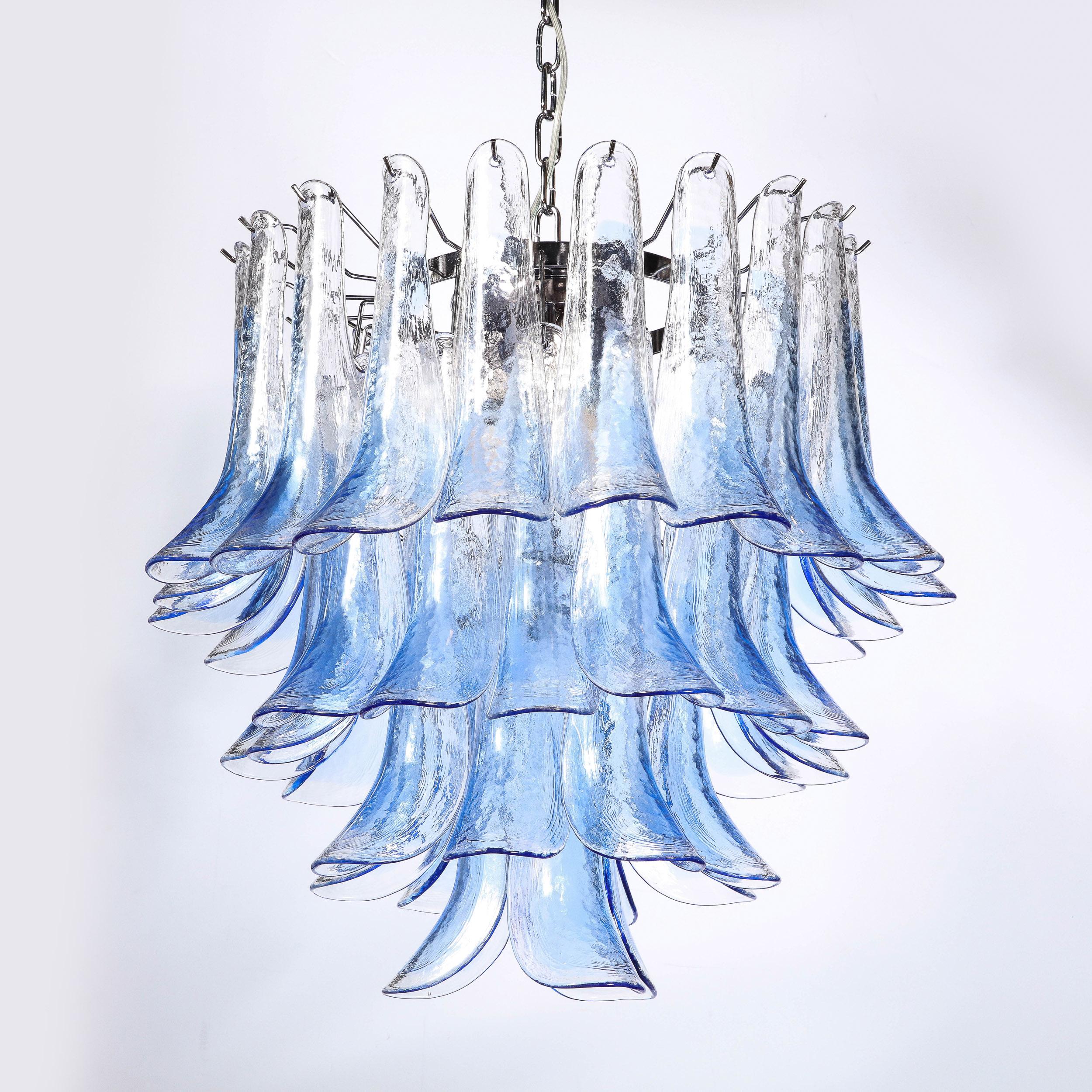 Modernist Four-Tier Hand-Blown Translucent Blue Murano Glass Feather Chandelier For Sale 6