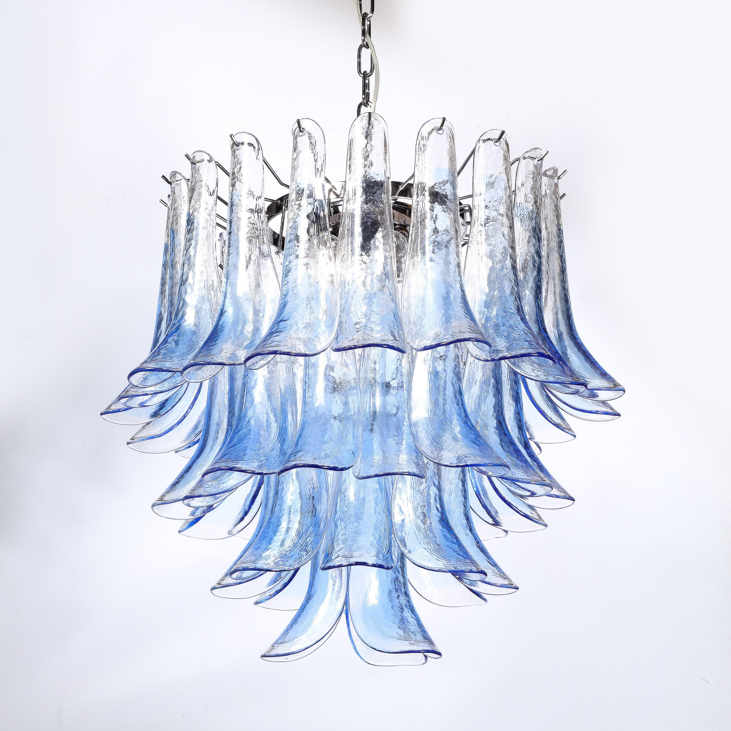 Modernist Four-Tier Hand-Blown Translucent Blue Murano Glass Feather Chandelier For Sale 7