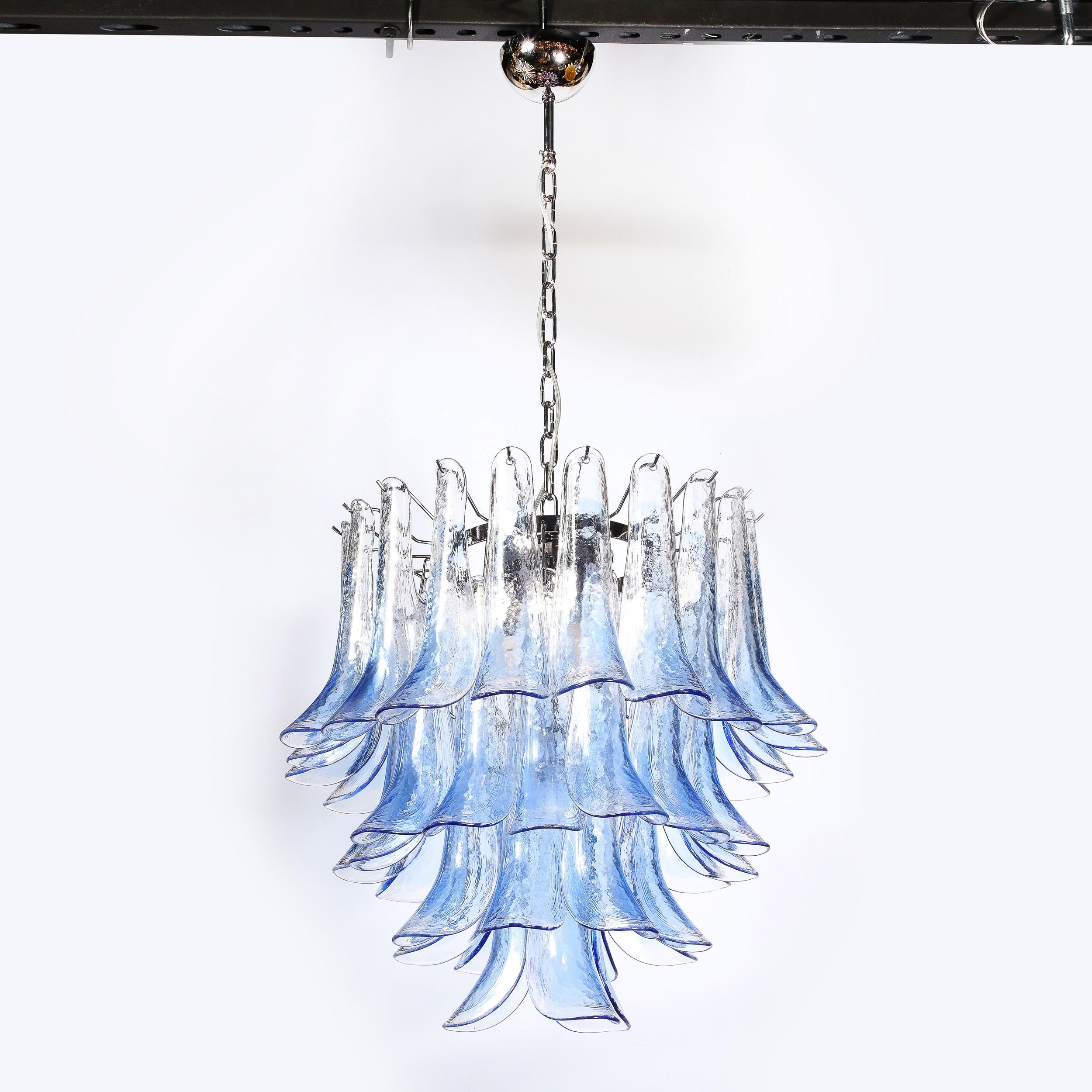 Modernist Four-Tier Hand-Blown Translucent Blue Murano Glass Feather Chandelier For Sale 8