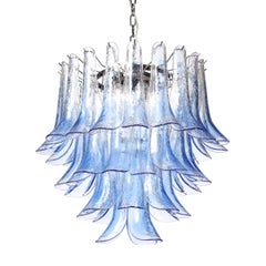 Modernist Four-Tier Hand-Blown Translucent Blue Murano Glass Feather Chandelier