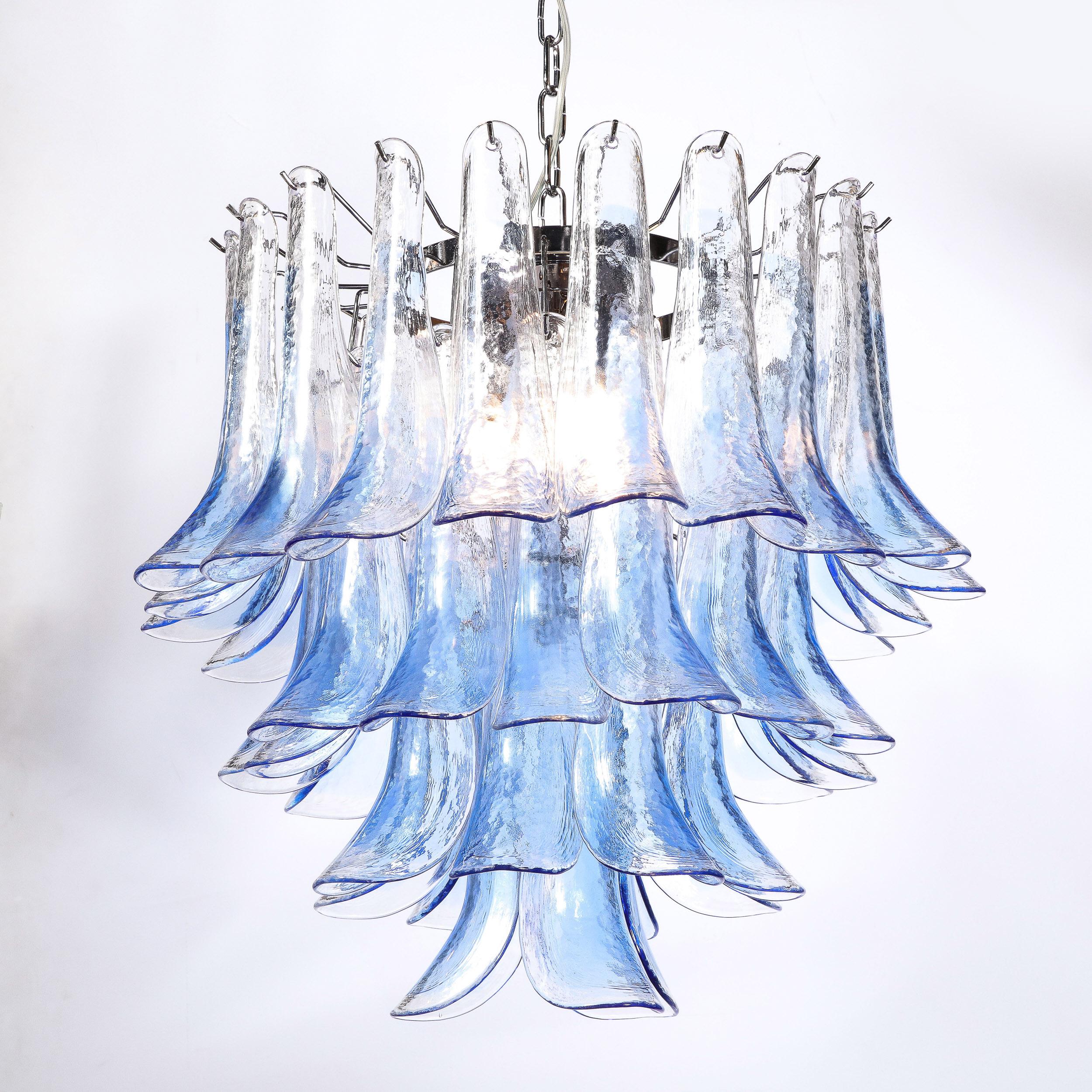 Italian Modernist Four-Tier Hand-Blown Translucent Blue Murano Glass Feather Chandelier For Sale