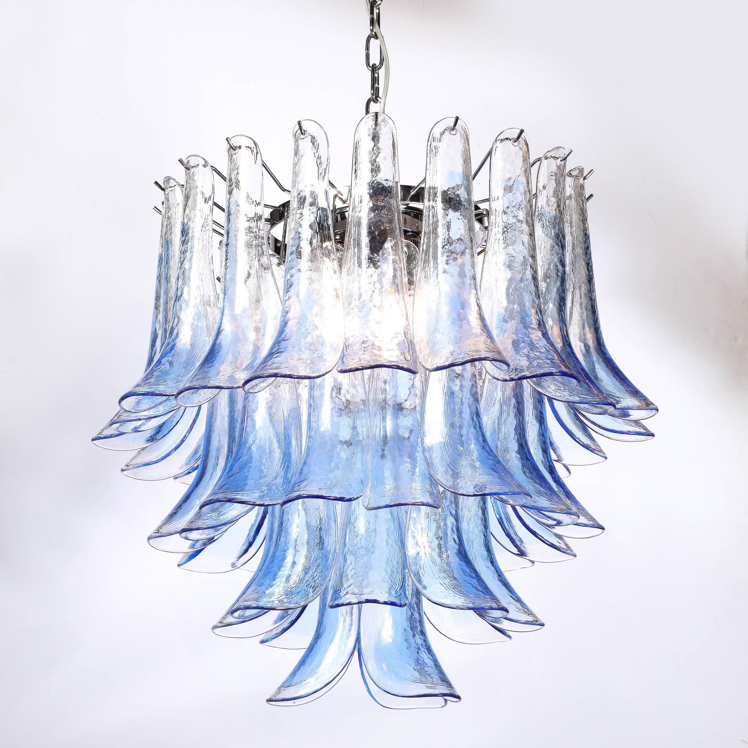 Modernist Four-Tier Hand-Blown Translucent Blue Murano Glass Feather Chandelier In Excellent Condition For Sale In New York, NY