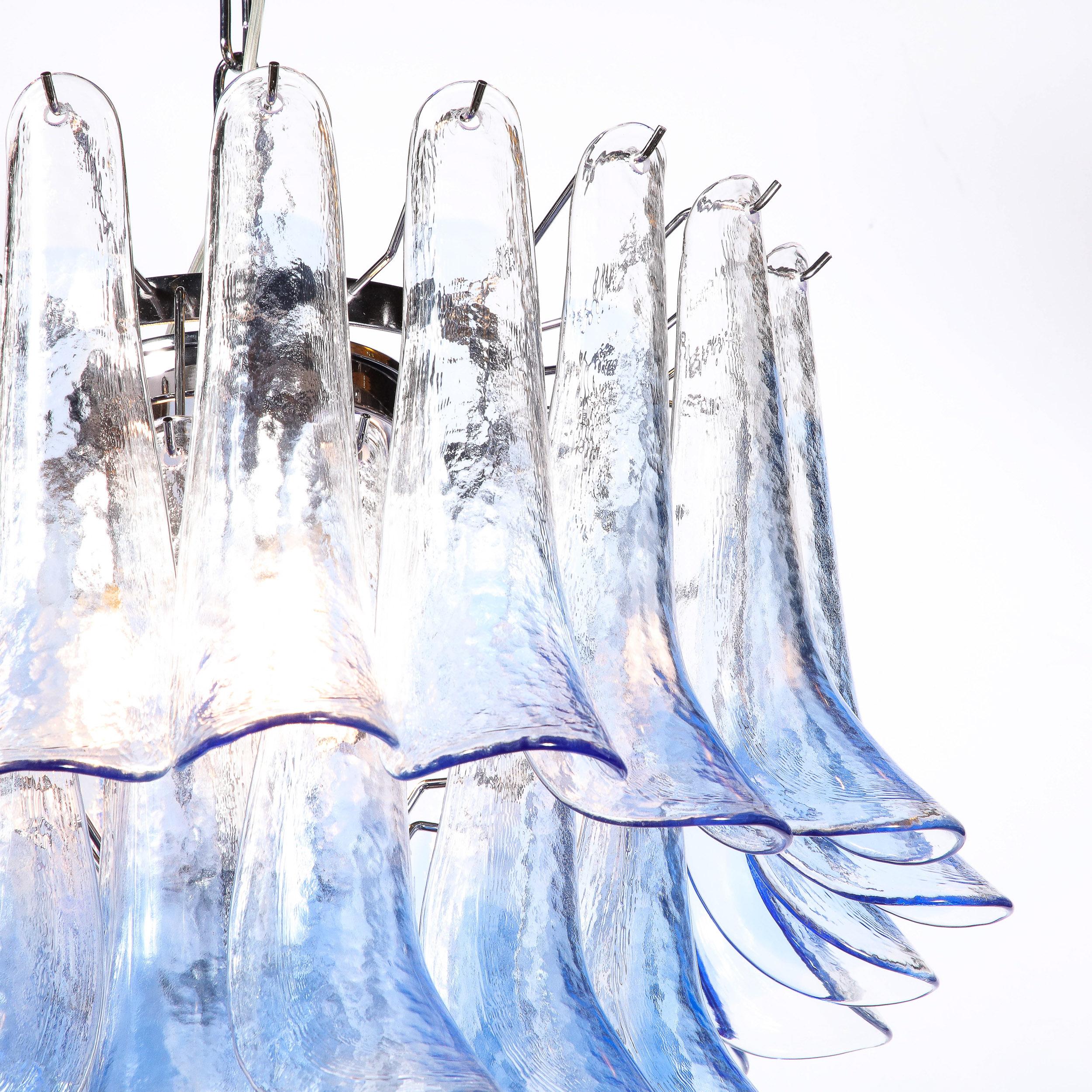Modernist Four-Tier Hand-Blown Translucent Blue Murano Glass Feather Chandelier For Sale 1