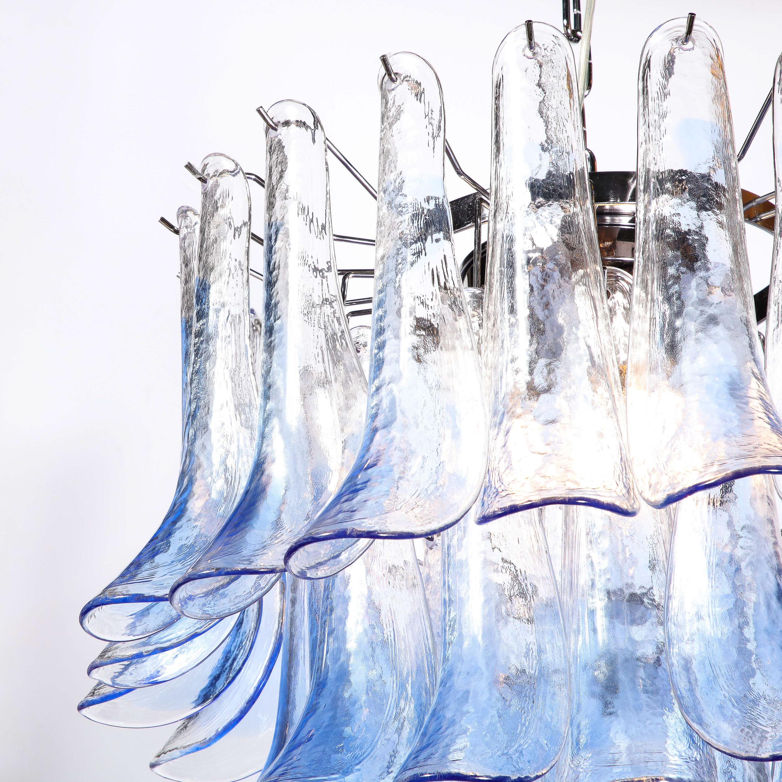 Modernist Four-Tier Hand-Blown Translucent Blue Murano Glass Feather Chandelier For Sale 2