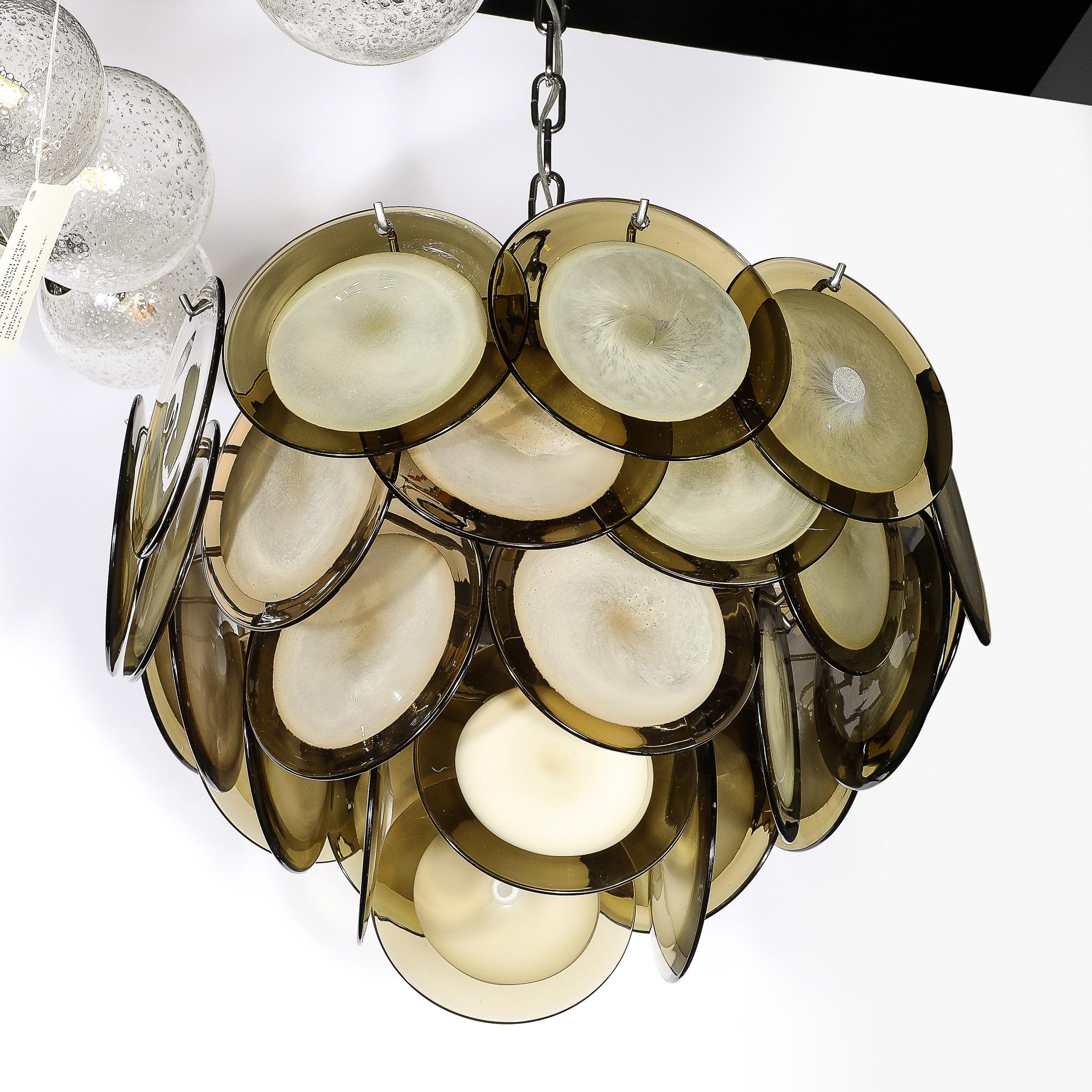 Modernist Four Tier Smoked Topaz Disc Murano Glass Chandelier w/ Chrome Fittings For Sale 5