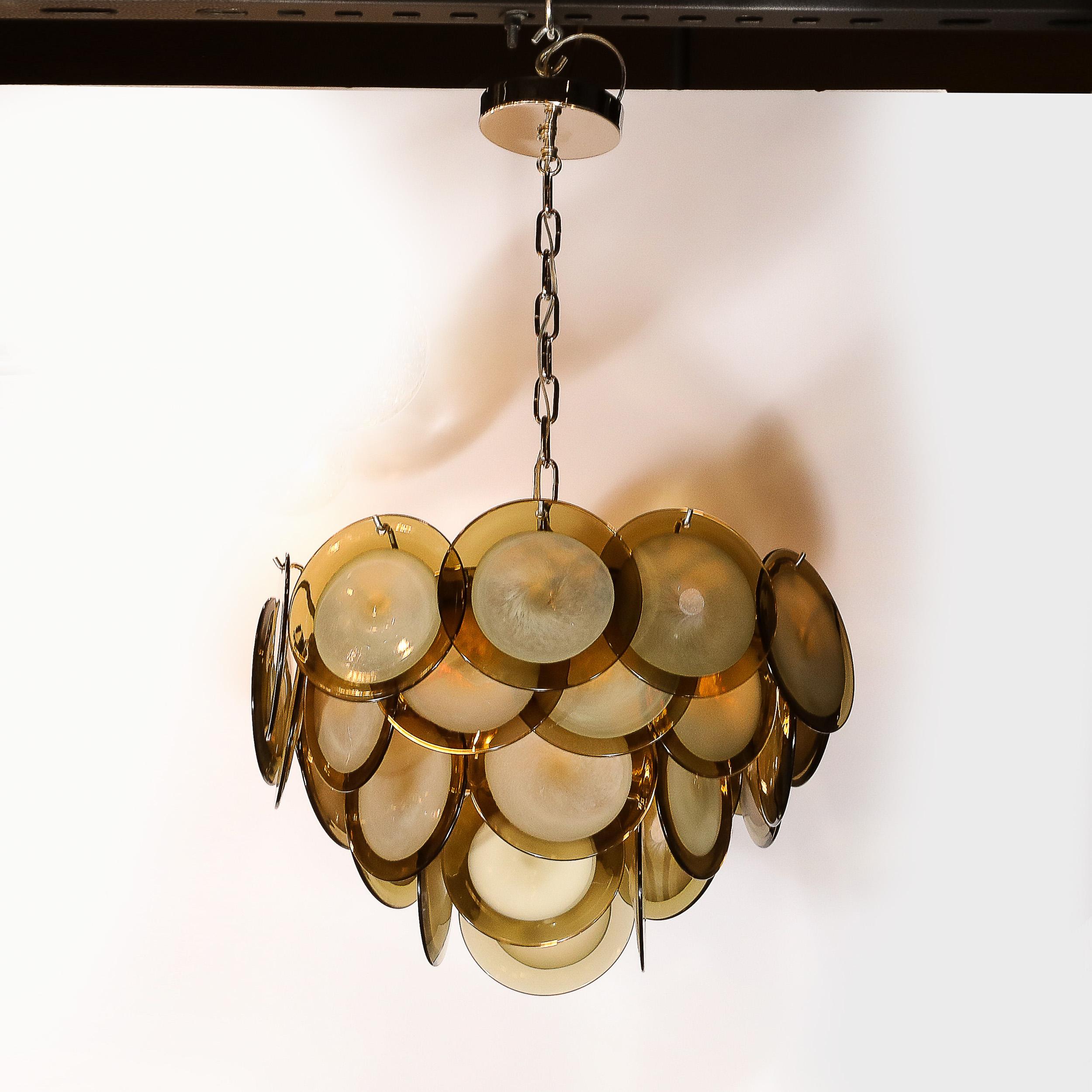 Modernist Four Tier Smoked Topaz Disc Murano Glass Chandelier w/ Chrome Fittings For Sale 6
