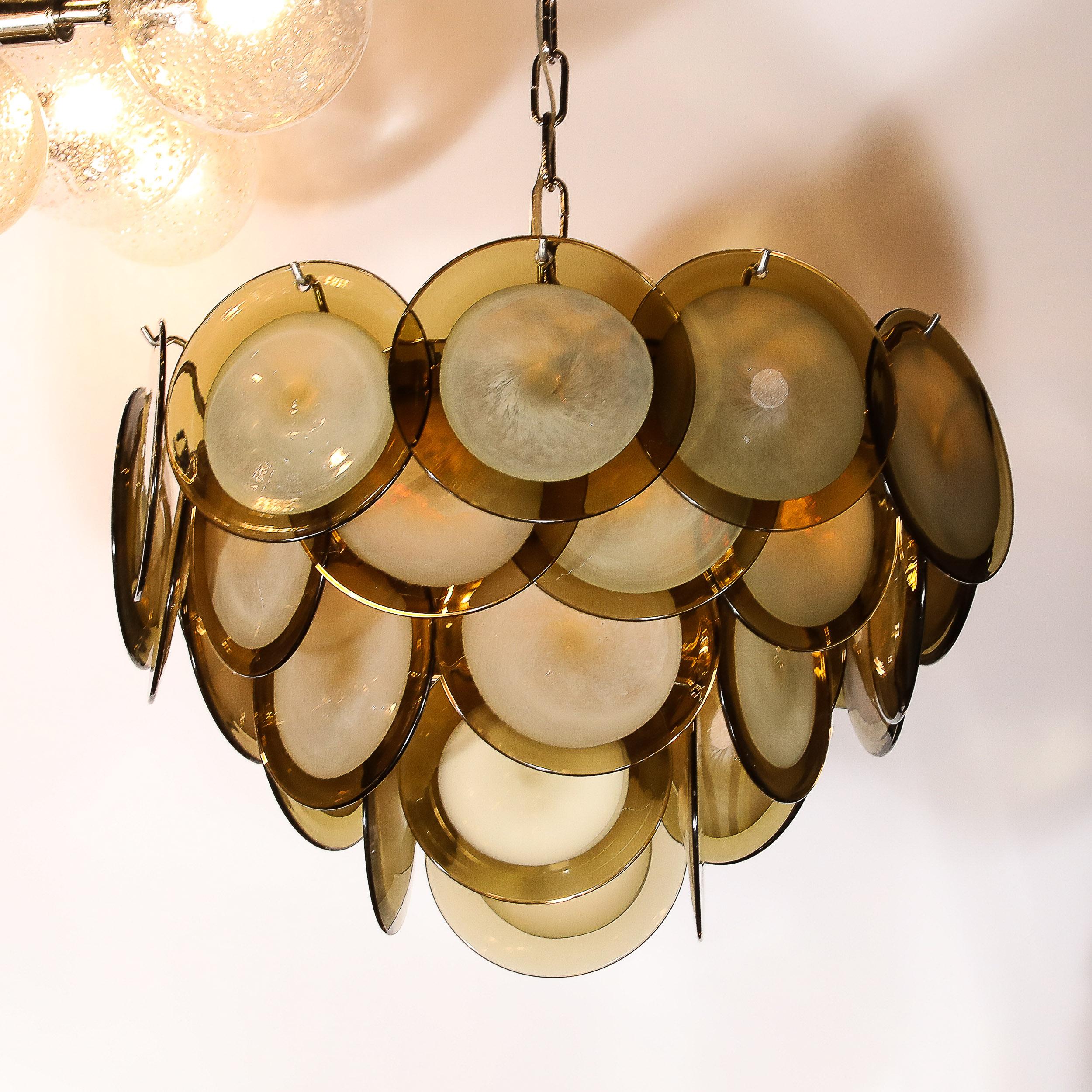 Modernist Four Tier Smoked Topaz Disc Murano Glass Chandelier w/ Chrome Fittings For Sale 7