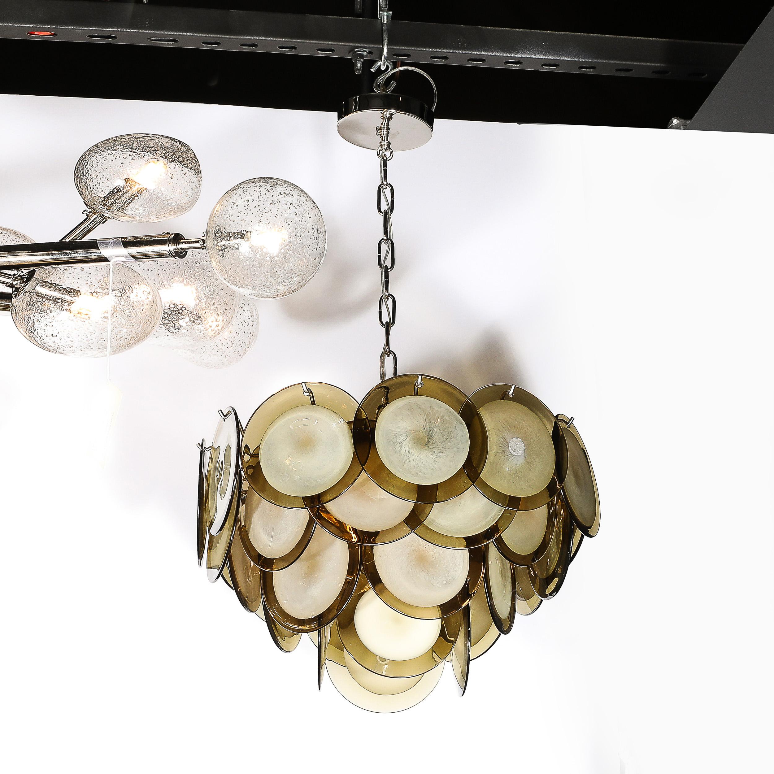 Italian Modernist Four Tier Smoked Topaz Disc Murano Glass Chandelier w/ Chrome Fittings For Sale