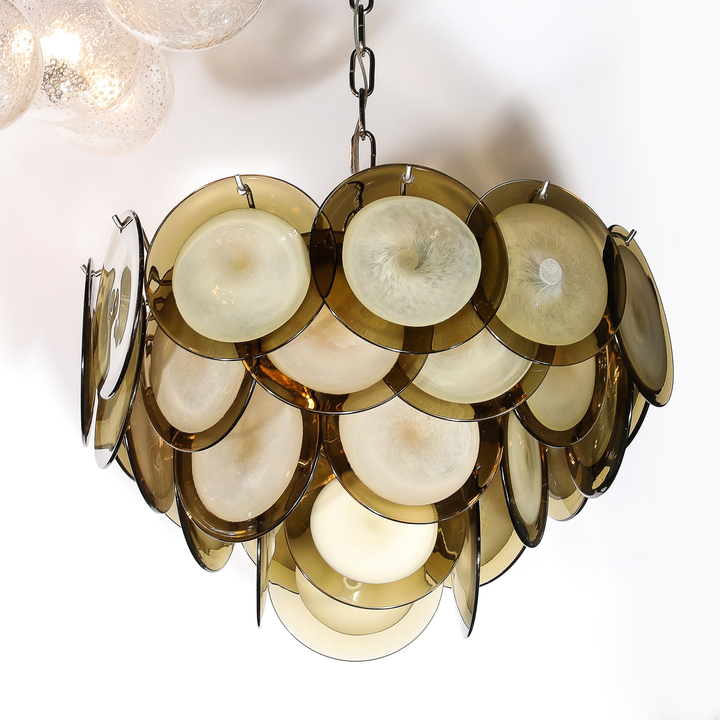 Modernist Four Tier Smoked Topaz Disc Murano Glass Chandelier w/ Chrome Fittings In New Condition For Sale In New York, NY