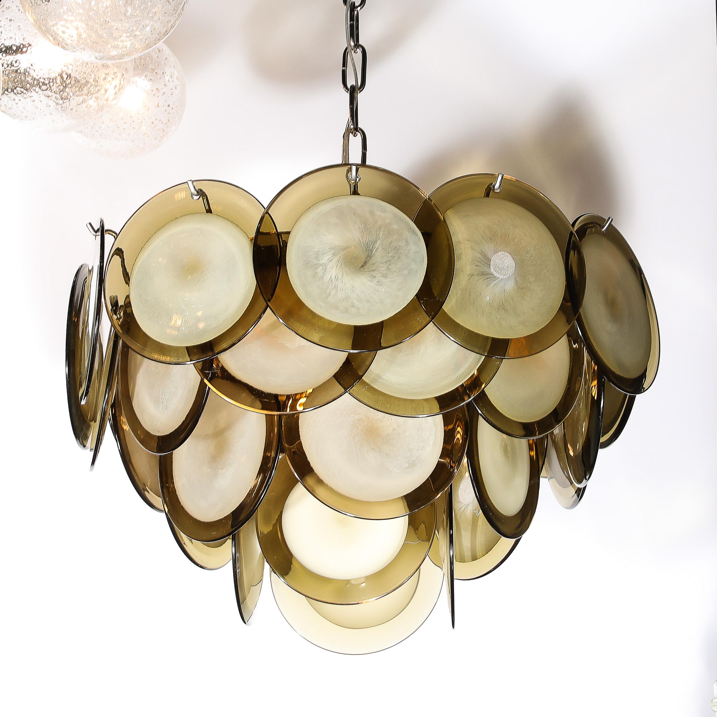 Contemporary Modernist Four Tier Smoked Topaz Disc Murano Glass Chandelier w/ Chrome Fittings For Sale