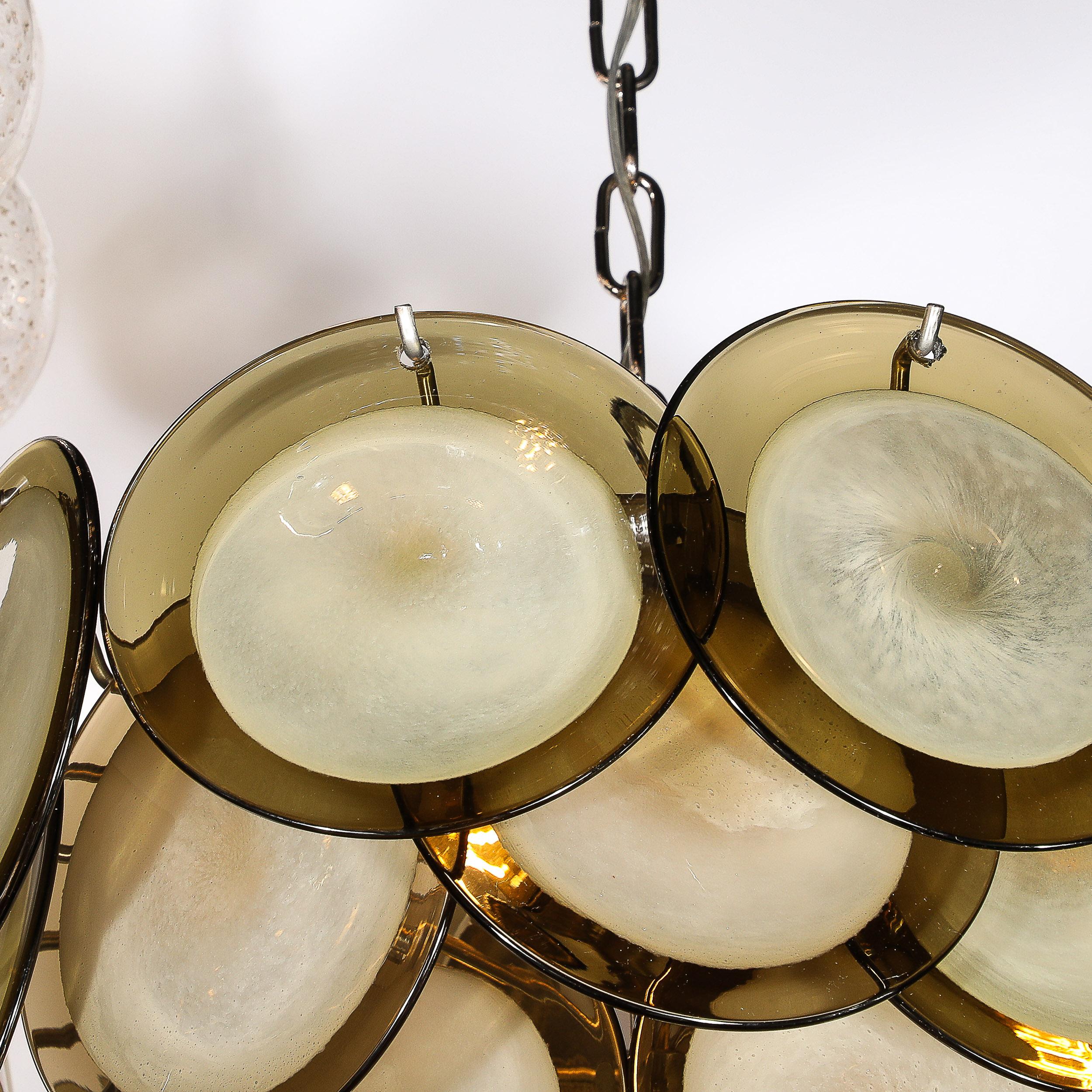 Modernist Four Tier Smoked Topaz Disc Murano Glass Chandelier w/ Chrome Fittings For Sale 1