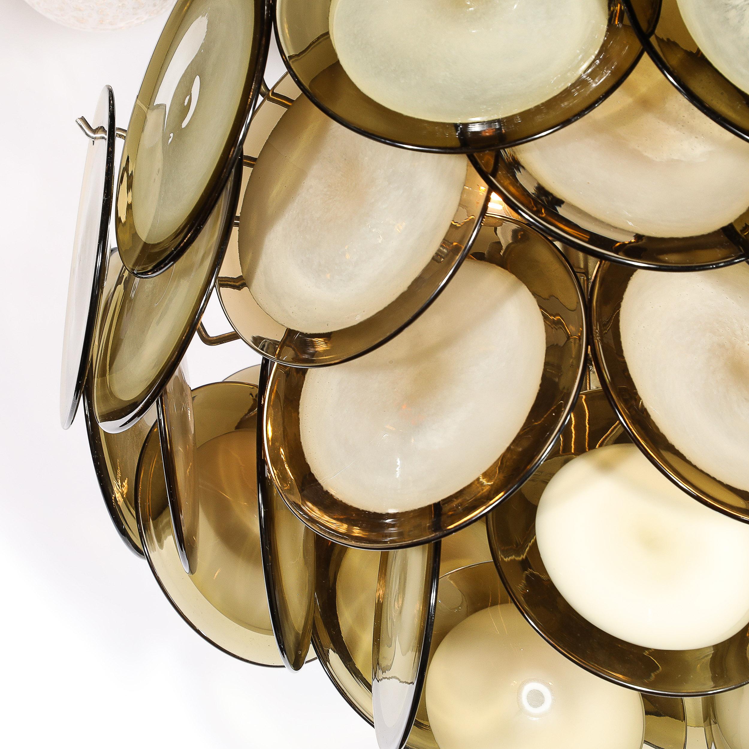 Modernist Four Tier Smoked Topaz Disc Murano Glass Chandelier w/ Chrome Fittings For Sale 2