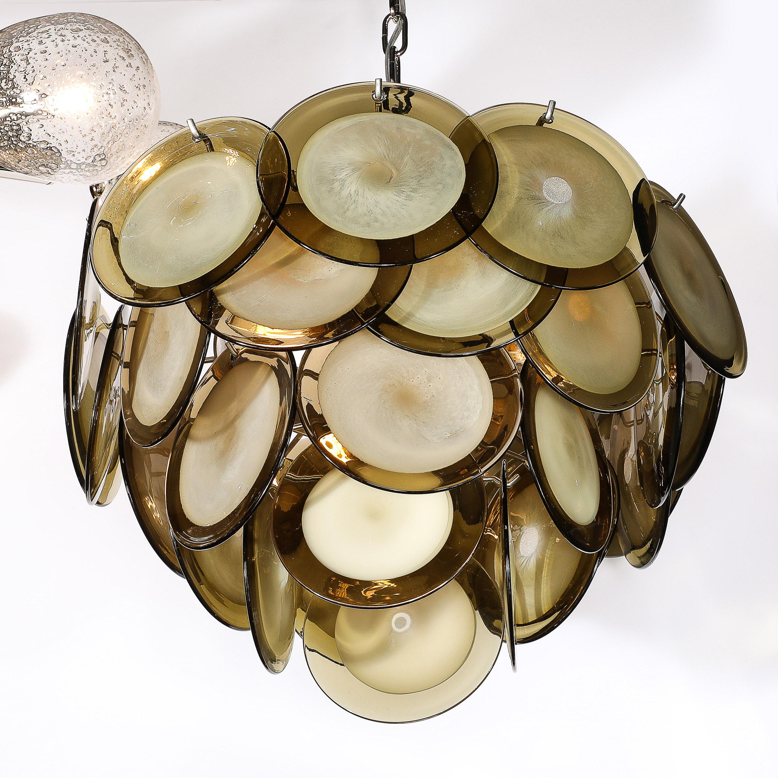 Modernist Four Tier Smoked Topaz Disc Murano Glass Chandelier w/ Chrome Fittings For Sale 3