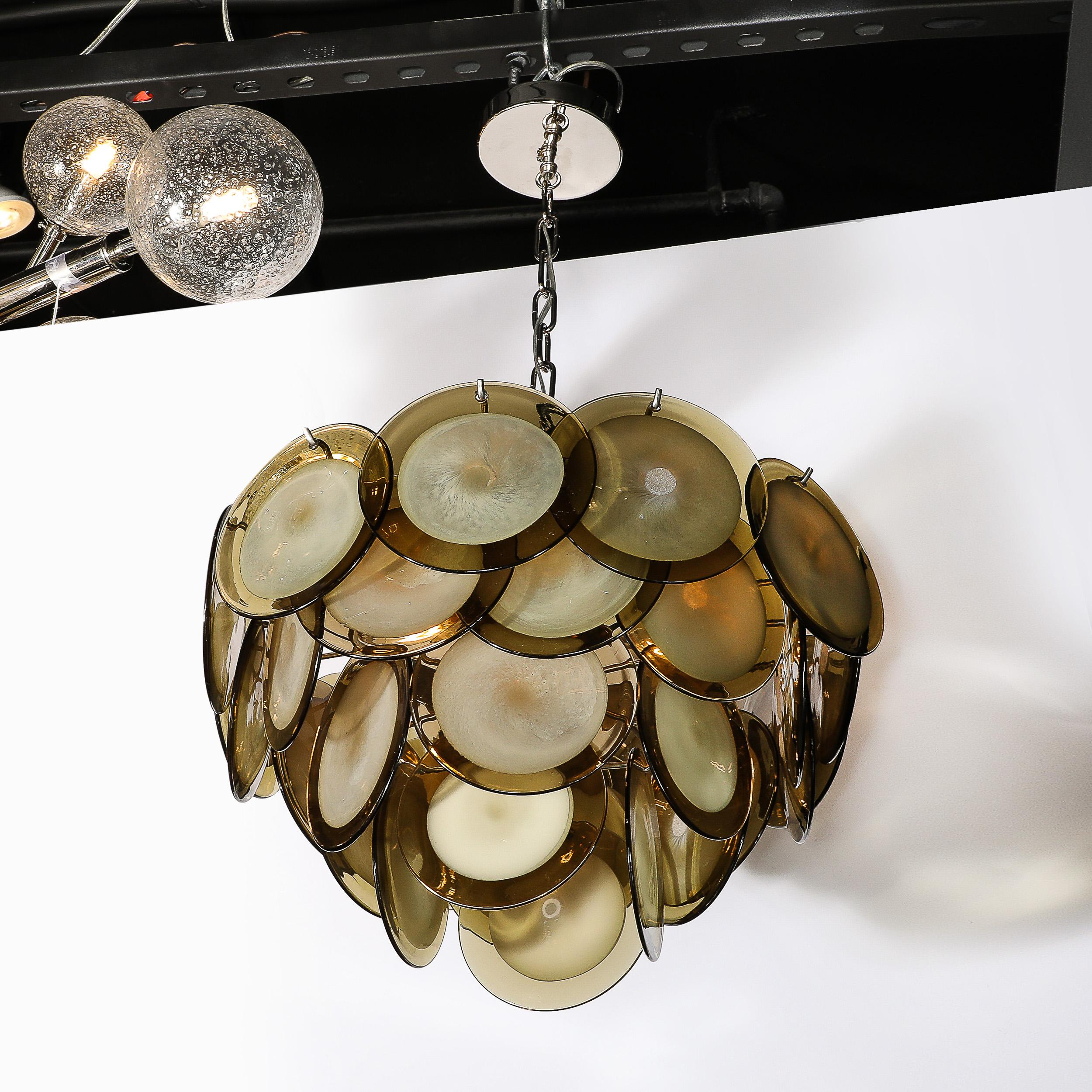 Modernist Four Tier Smoked Topaz Disc Murano Glass Chandelier w/ Chrome Fittings For Sale 4