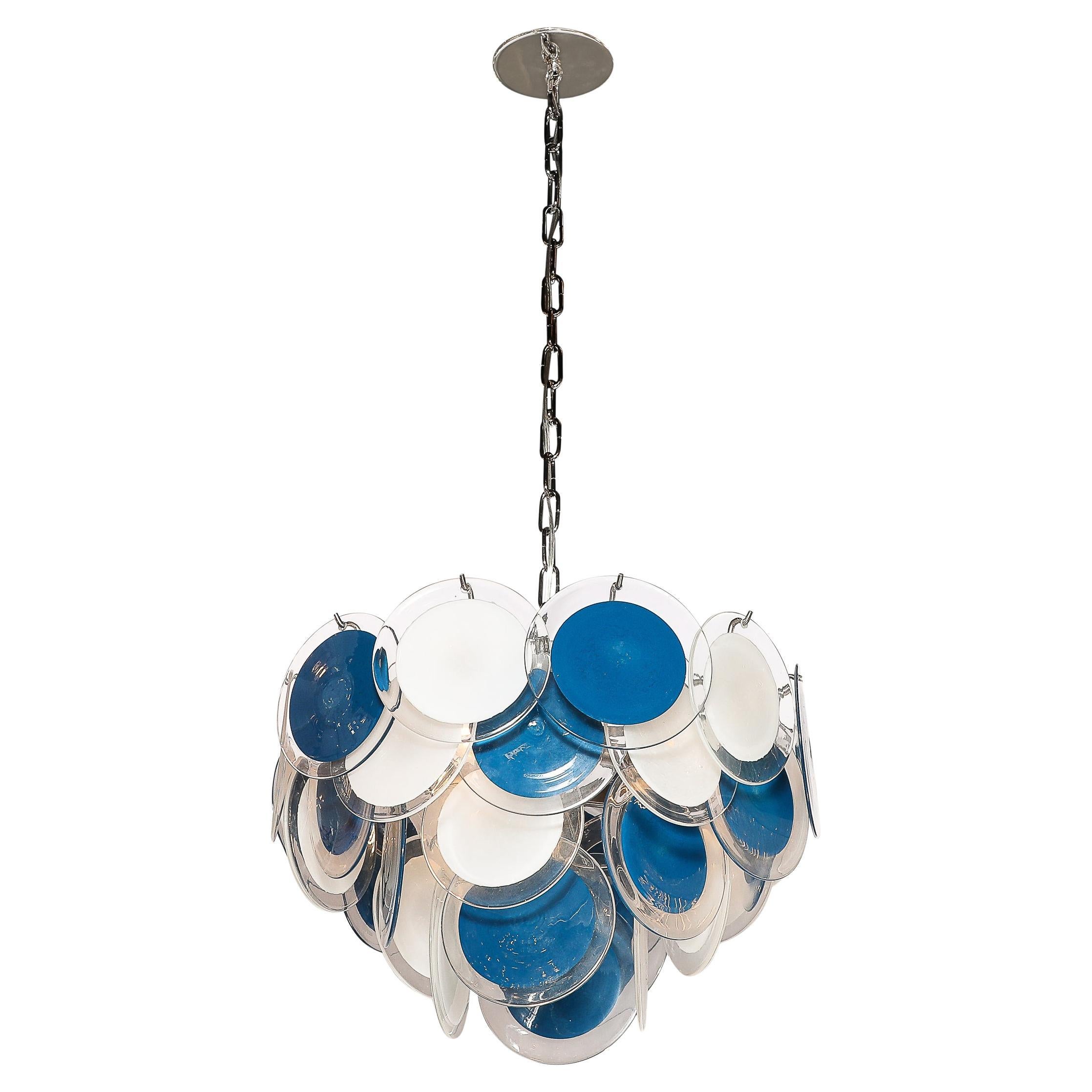 Modernist Four-Tier White & Cerulean Murano Glass Disc Chandelier