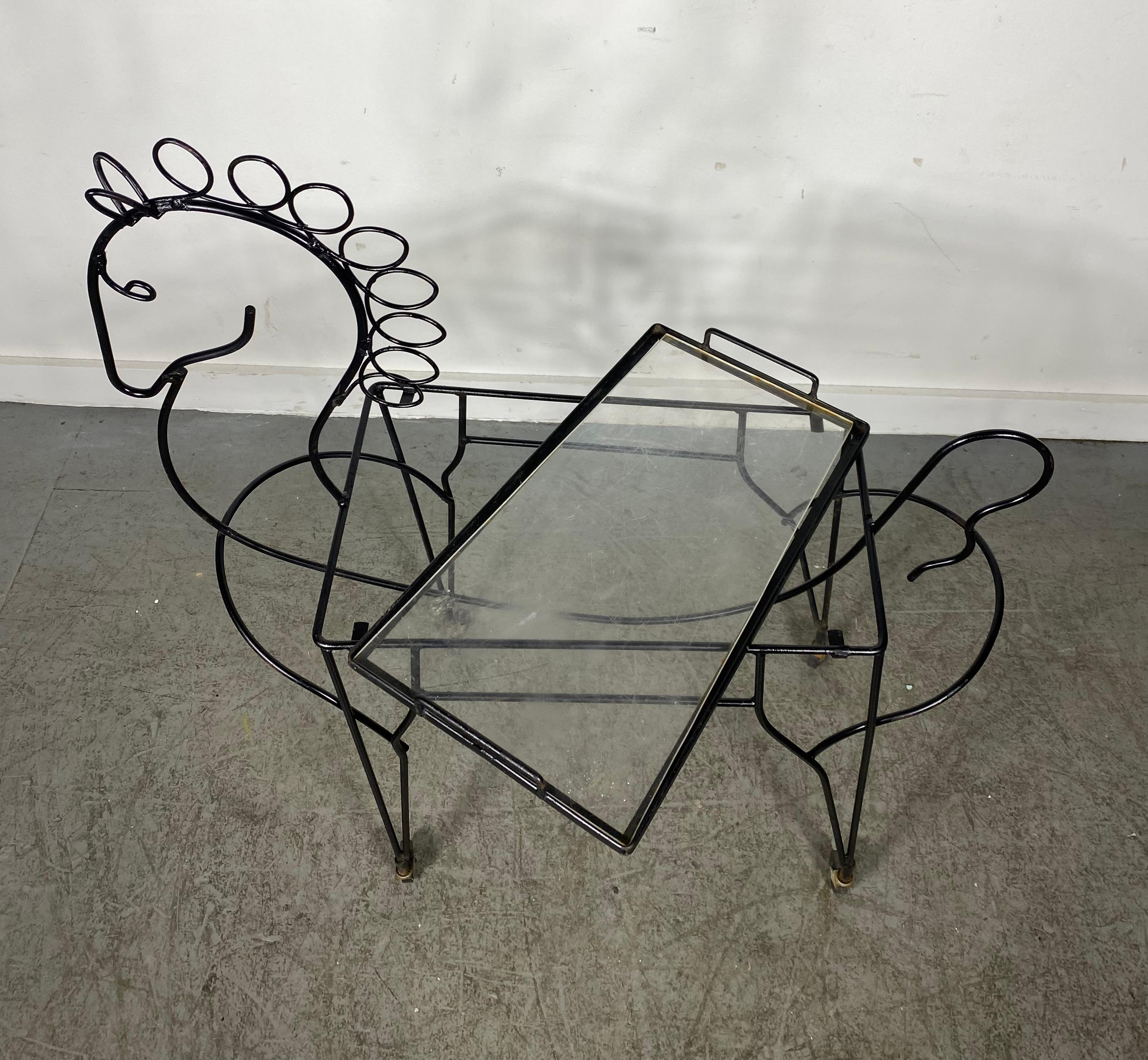 American Modernist Frederic Weinberg Horse Bar Cart, Classic wire iron , removable tray For Sale