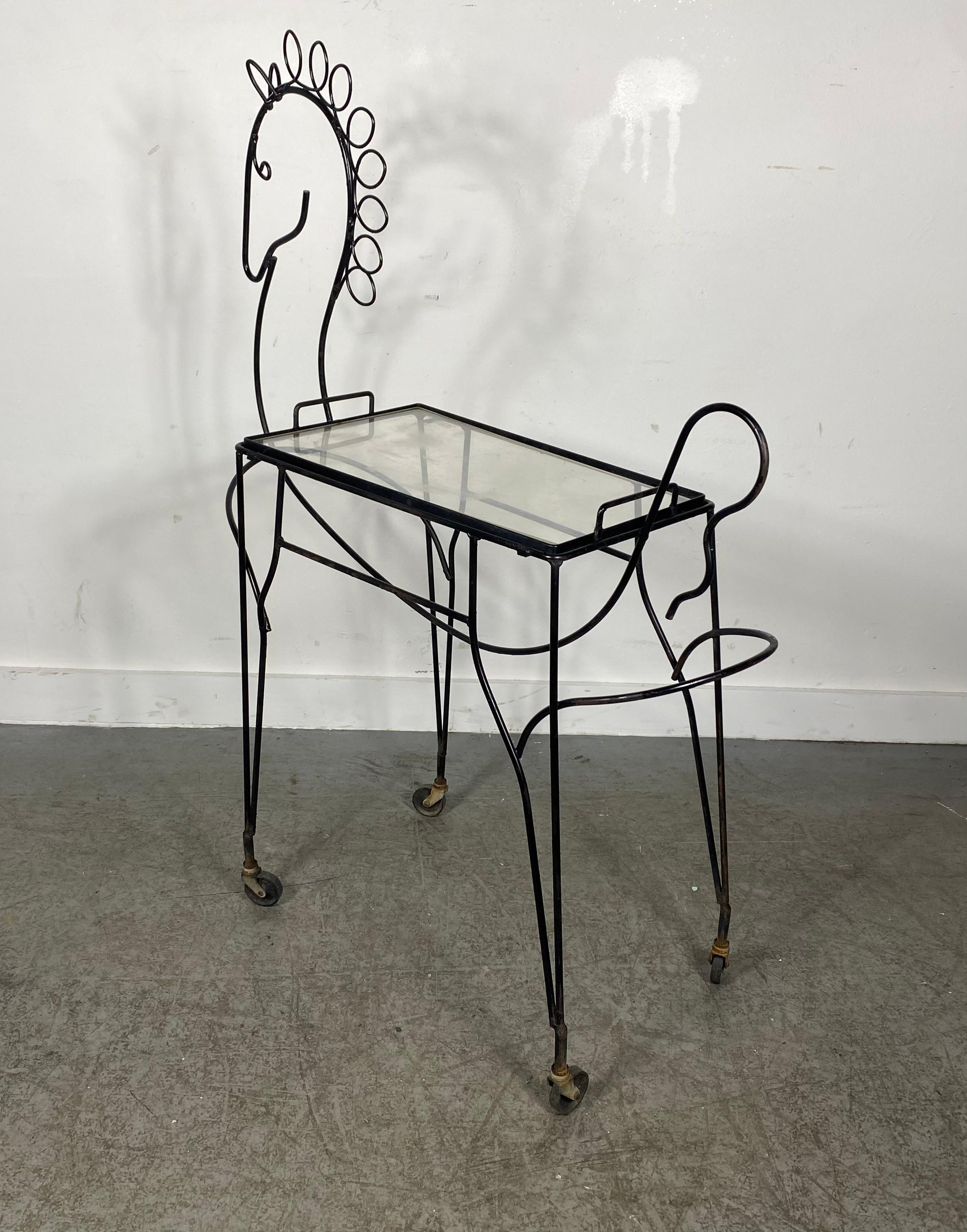 American Modernist Frederic Weinberg Horse Bar Cart, Classic wire iron , removable tray For Sale
