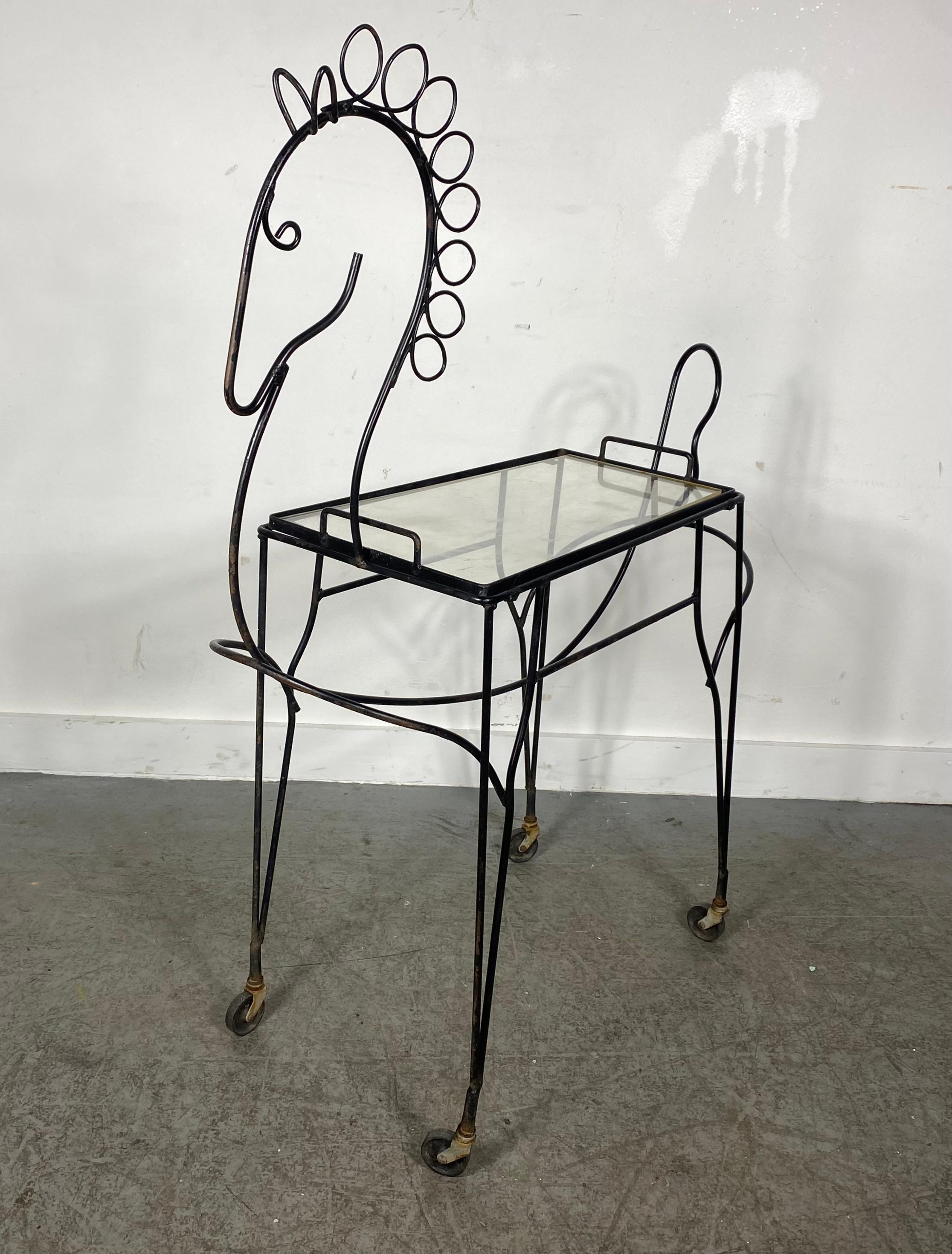 Mid-20th Century Modernist Frederic Weinberg Horse Bar Cart, Classic wire iron , removable tray For Sale
