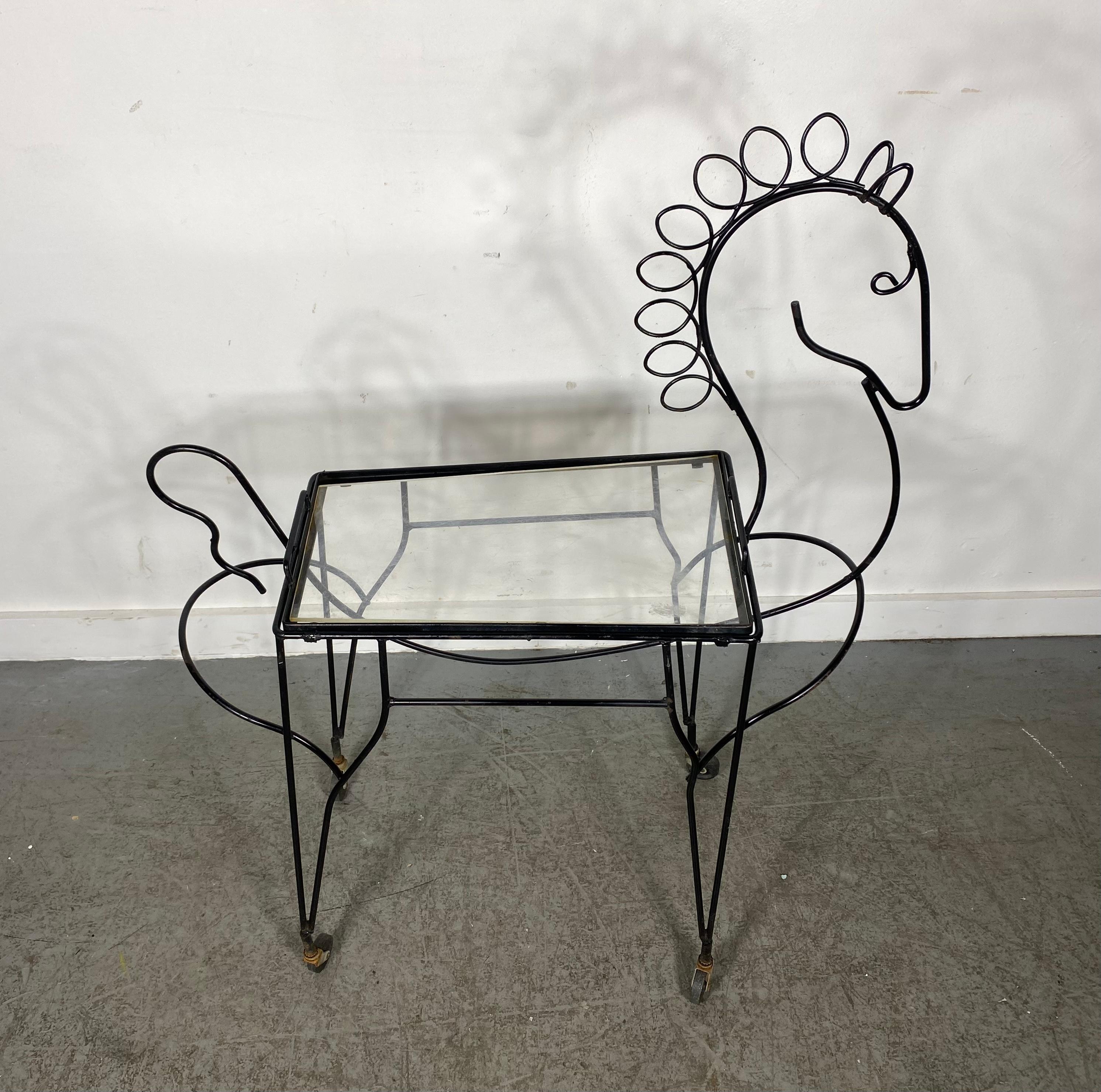 Iron Modernist Frederic Weinberg Horse Bar Cart, Classic wire iron , removable tray For Sale