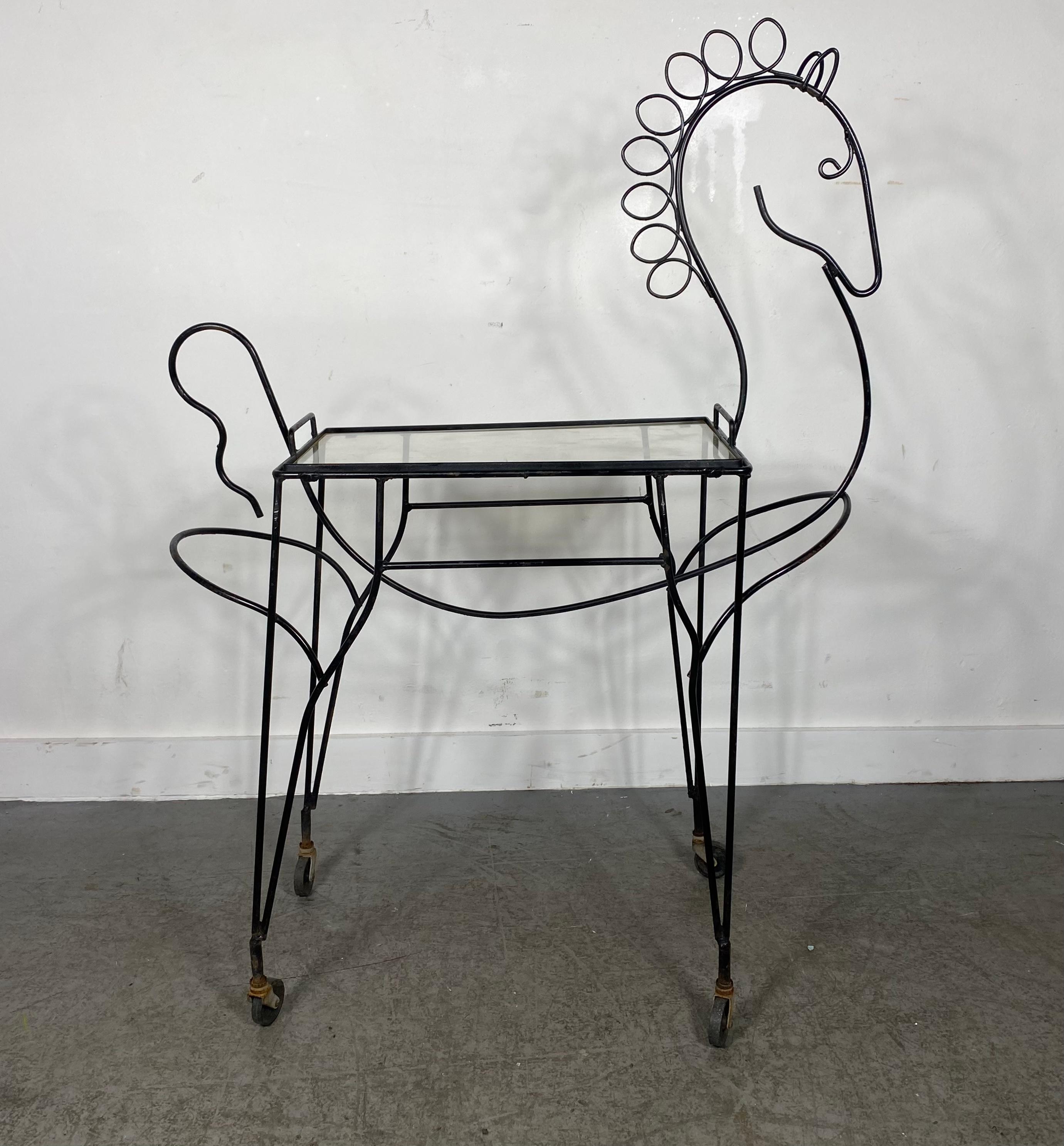 Modernist Frederic Weinberg Horse Bar Cart, Classic wire iron , removable tray For Sale 1
