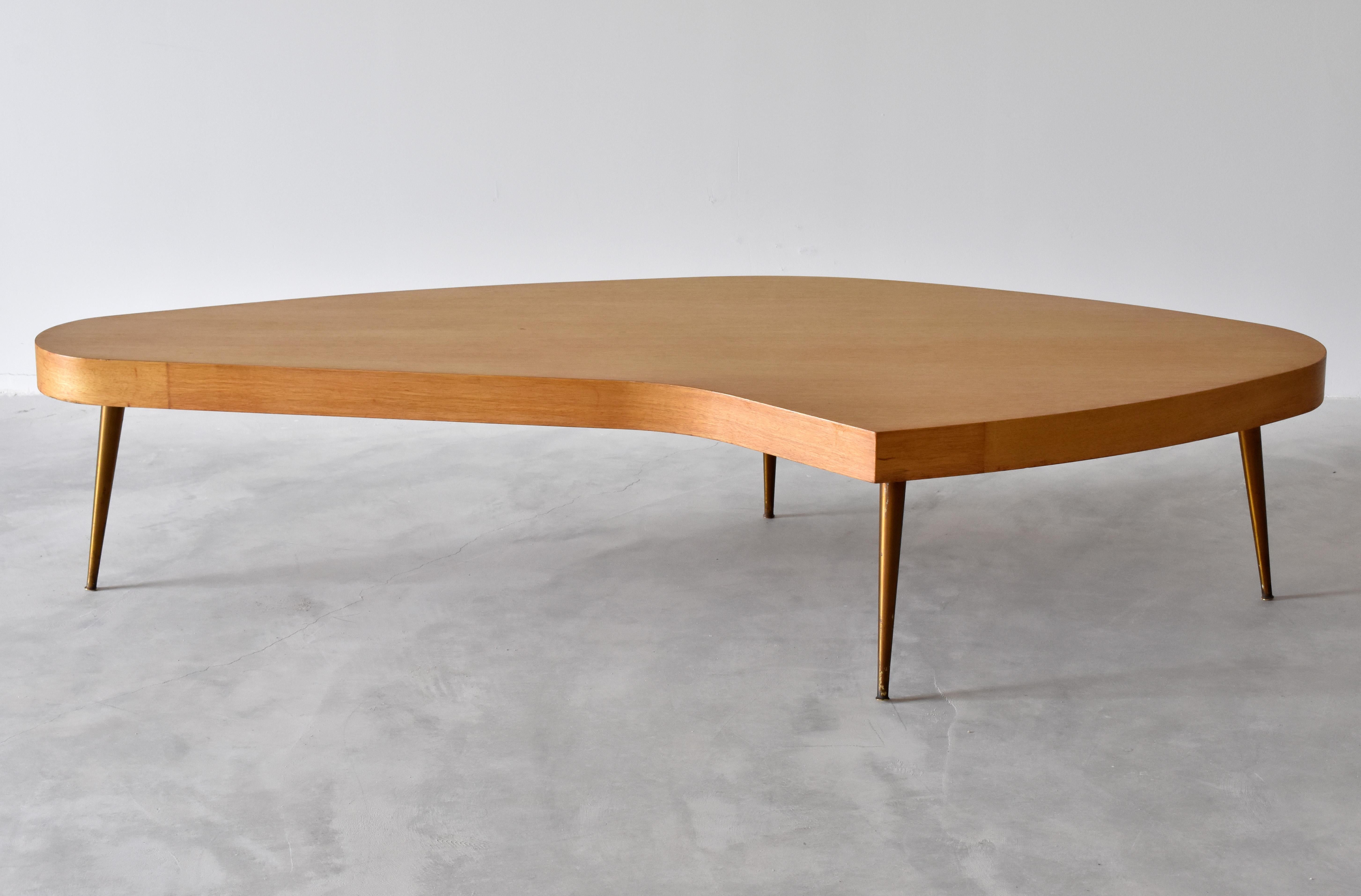 American Modernist Free-Form Coffee or Cocktail Table, Oak, Brass Legs, America, 1950s