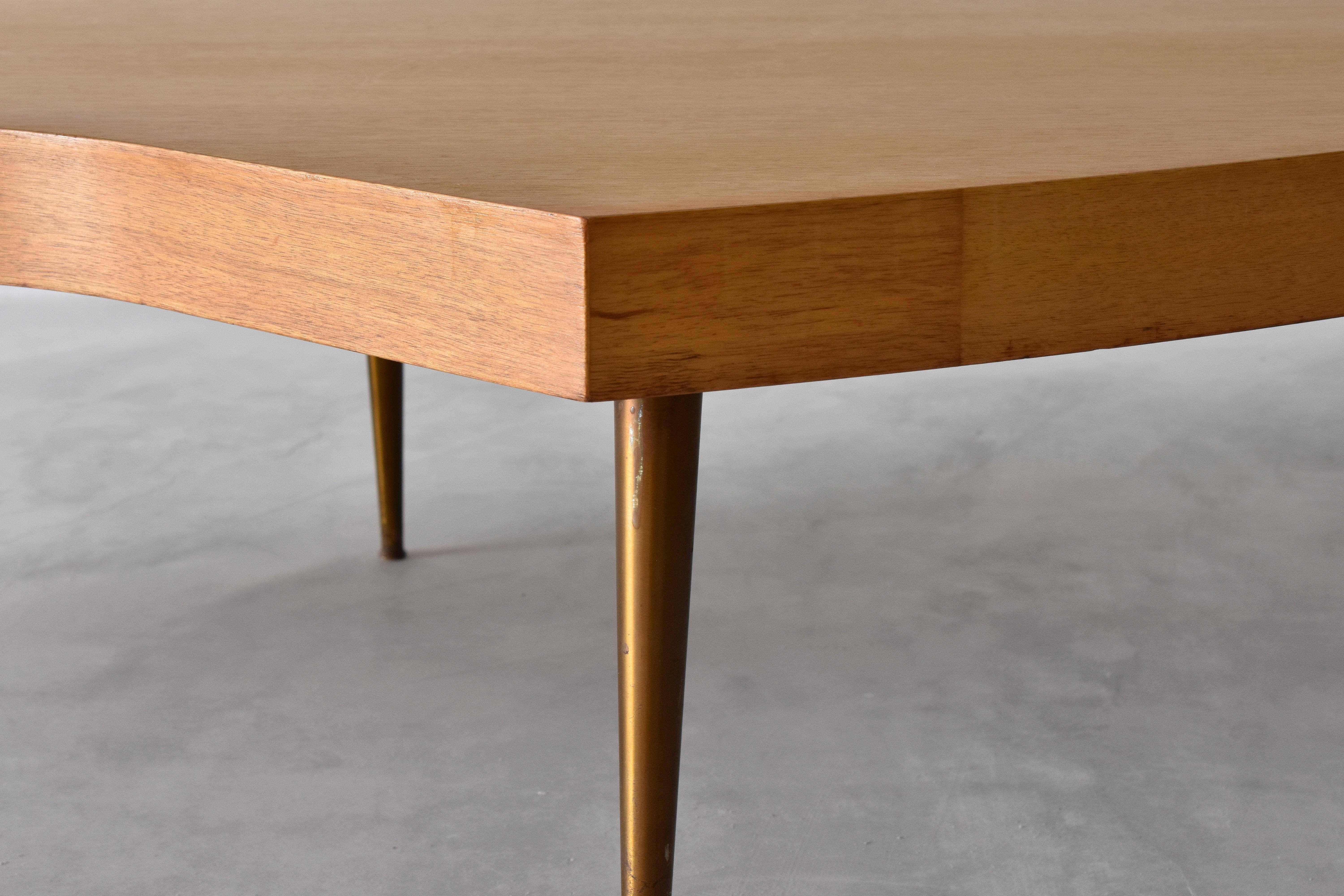 Mid-20th Century Modernist Free-Form Coffee or Cocktail Table, Oak, Brass Legs, America, 1950s