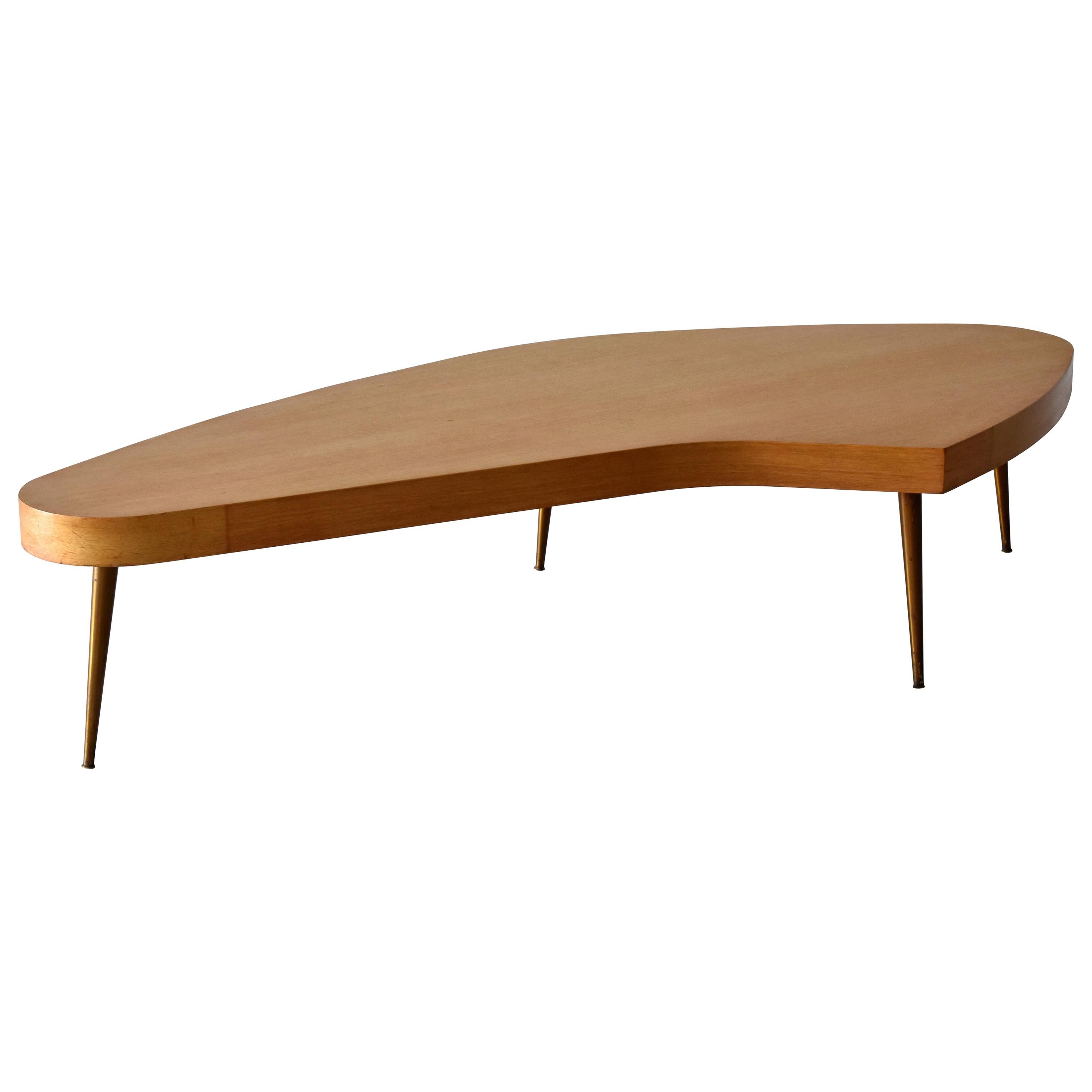 Modernist Free-Form Coffee or Cocktail Table, Oak, Brass Legs, America, 1950s