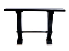 Modernist French Art Deco Console Table in Black Lacquer with Metal Applications