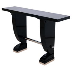 Modernist French Art Deco Console Table in Black Lacquer with Metal Applications