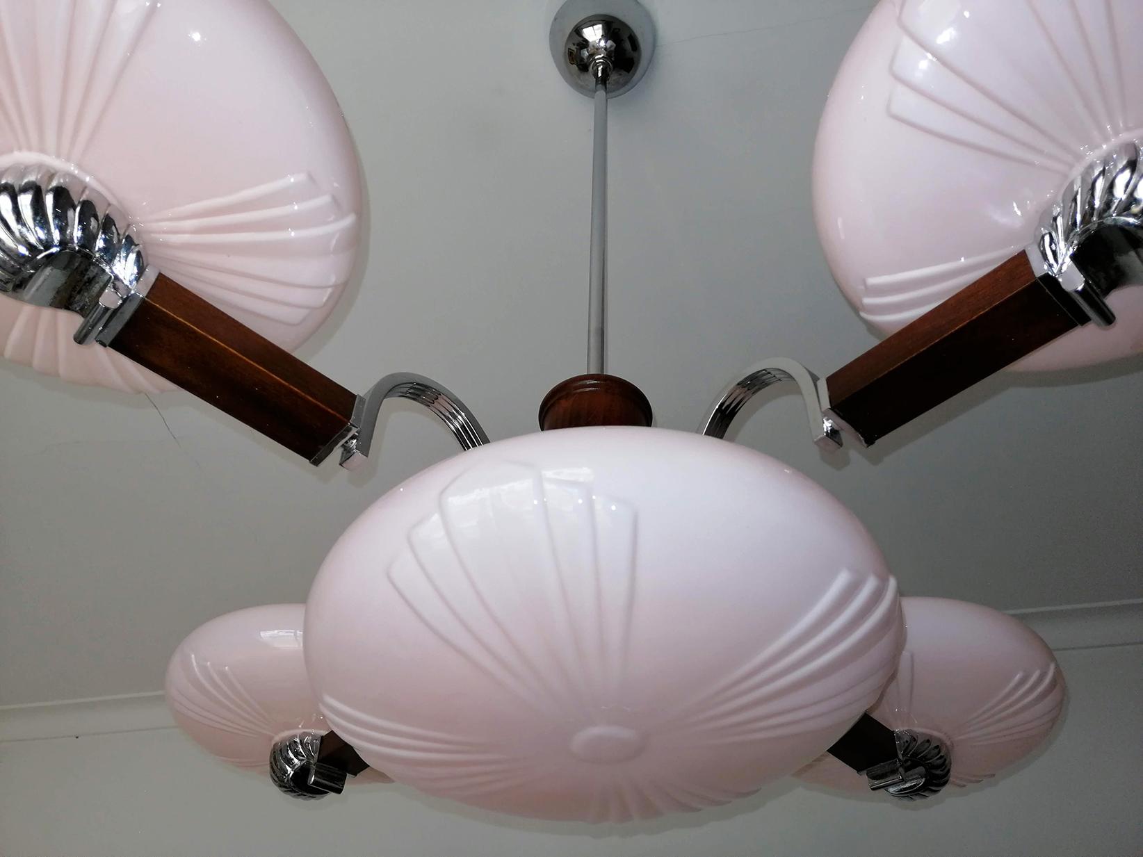 Art Deco Modernist French Art-Deco in Wood, Chrome & Pink Cased Glass Bauhaus Chandelier