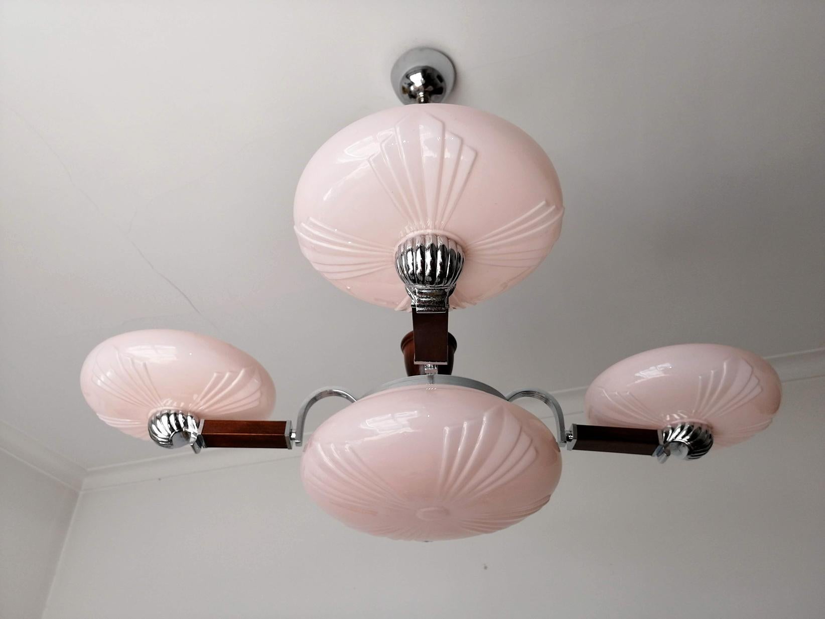 Modernist French Art-Deco in Wood, Chrome & Pink Cased Glass Bauhaus Chandelier In Excellent Condition In Coimbra, PT