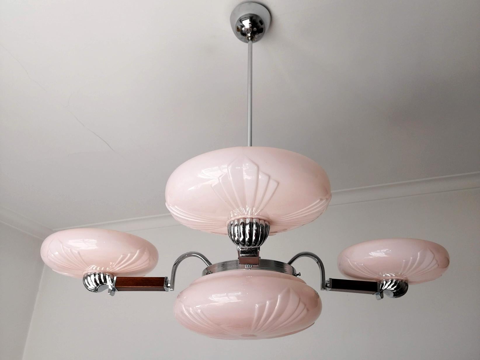 Mid-20th Century Modernist French Art-Deco in Wood, Chrome & Pink Cased Glass Bauhaus Chandelier