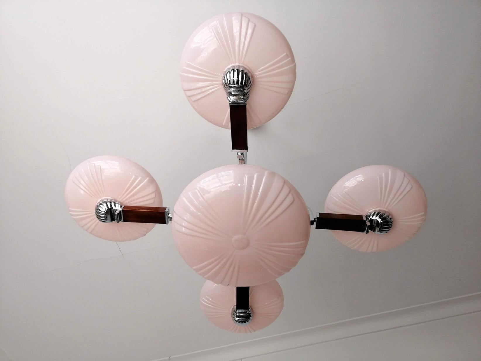 Opaline Glass Modernist French Art-Deco in Wood, Chrome & Pink Cased Glass Bauhaus Chandelier