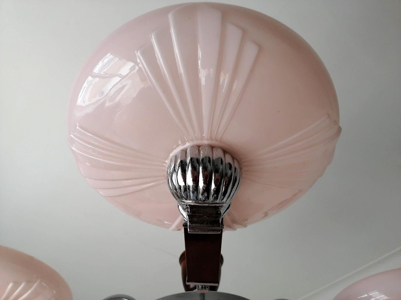 Modernist French Art-Deco in Wood, Chrome & Pink Cased Glass Bauhaus Chandelier 3