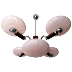 Modernist French Art-Deco in Wood, Chrome & Pink Cased Glass Bauhaus Chandelier