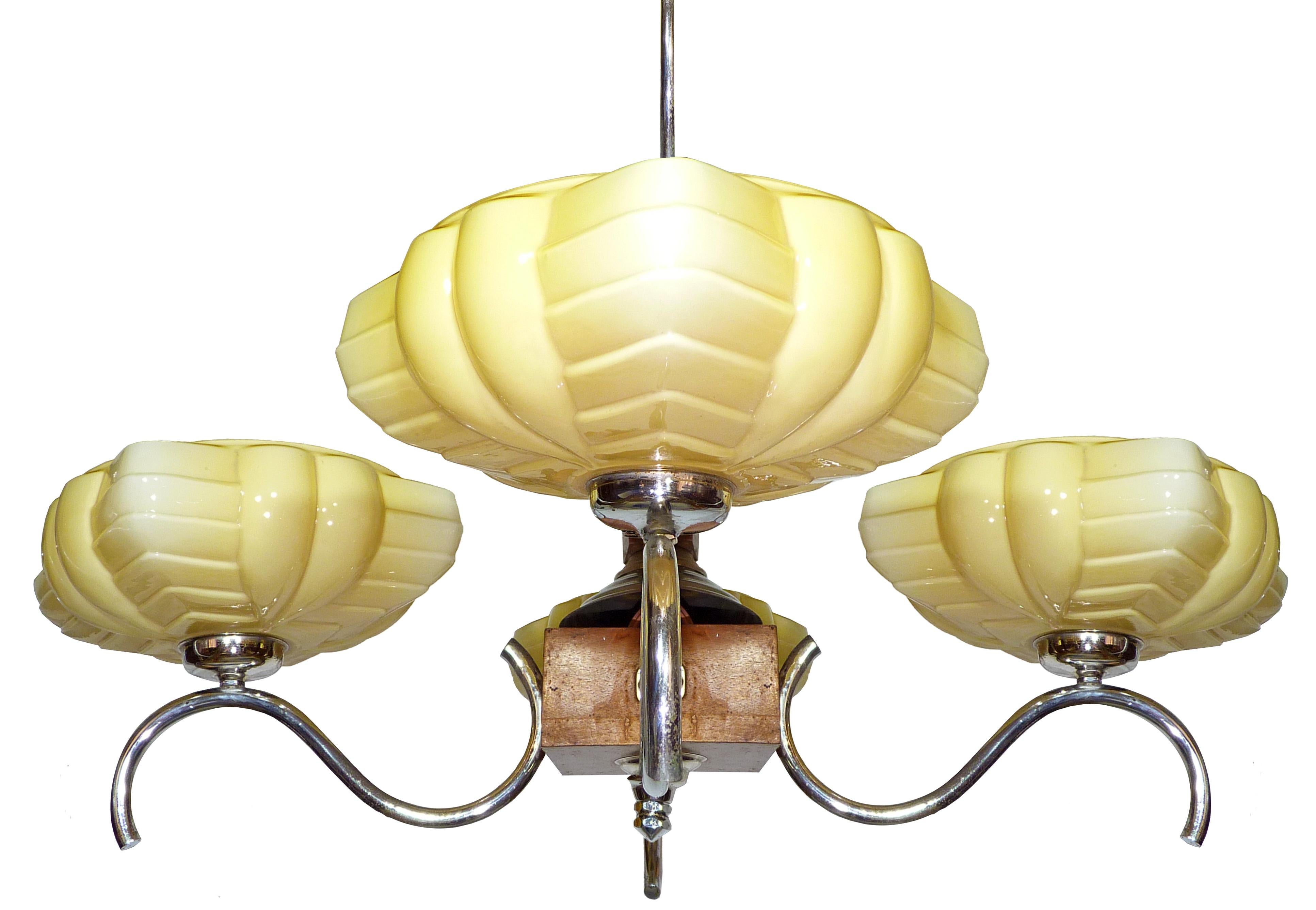 Original French Art Deco modernist ceiling lamp, yellow opaline glass shades Bauhaus chandelier
Materials: Opaline glass/ wood/ chrome
Measures:
Diameter: 31.5 in / 90 cm
Height: 40 in / 80 cm 
Glass Shades: 8.6 in / 22 cm 
Weight: 9 lb. (4