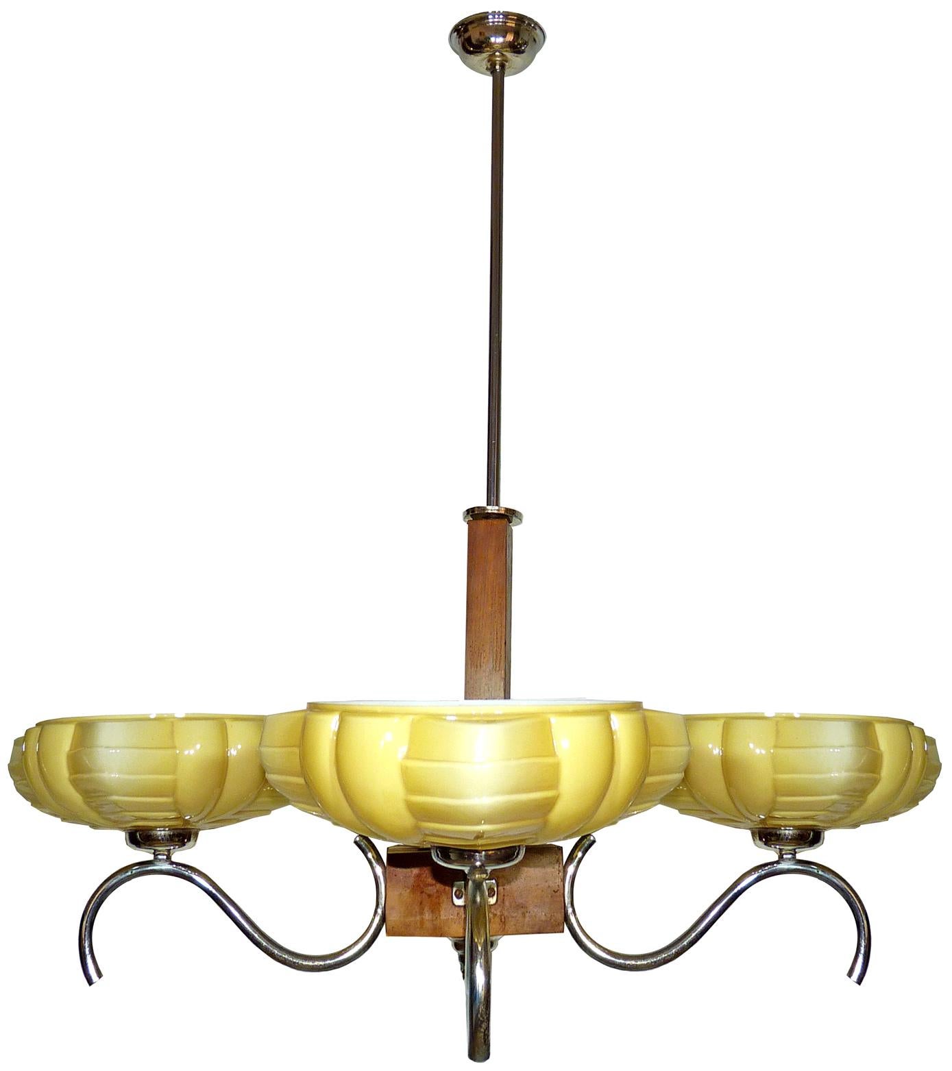 Mid-20th Century Modernist French Art-Deco w Wood, Chrome & Yellow Double Glass Bauhaus Chandelier