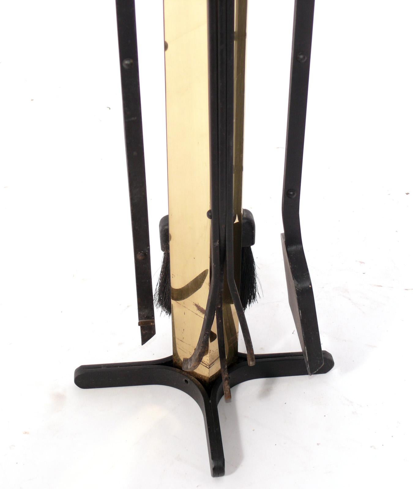 Late 20th Century Modernist French Brass Andirons and Fire Tools by Jean Paul Creations For Sale