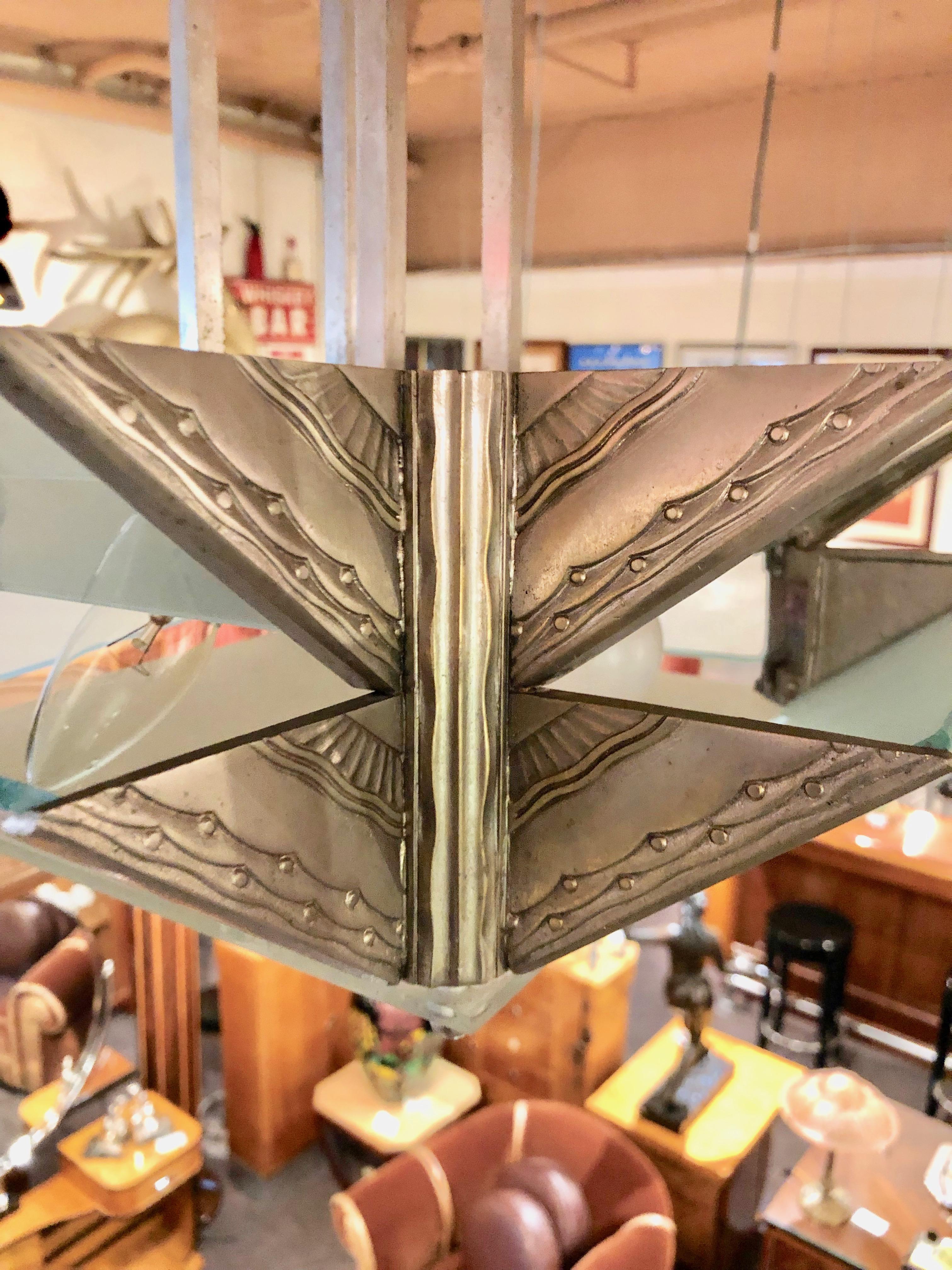 Modernist French Nickel Glass Geometric Art Deco Chandelier In Good Condition In Oakland, CA