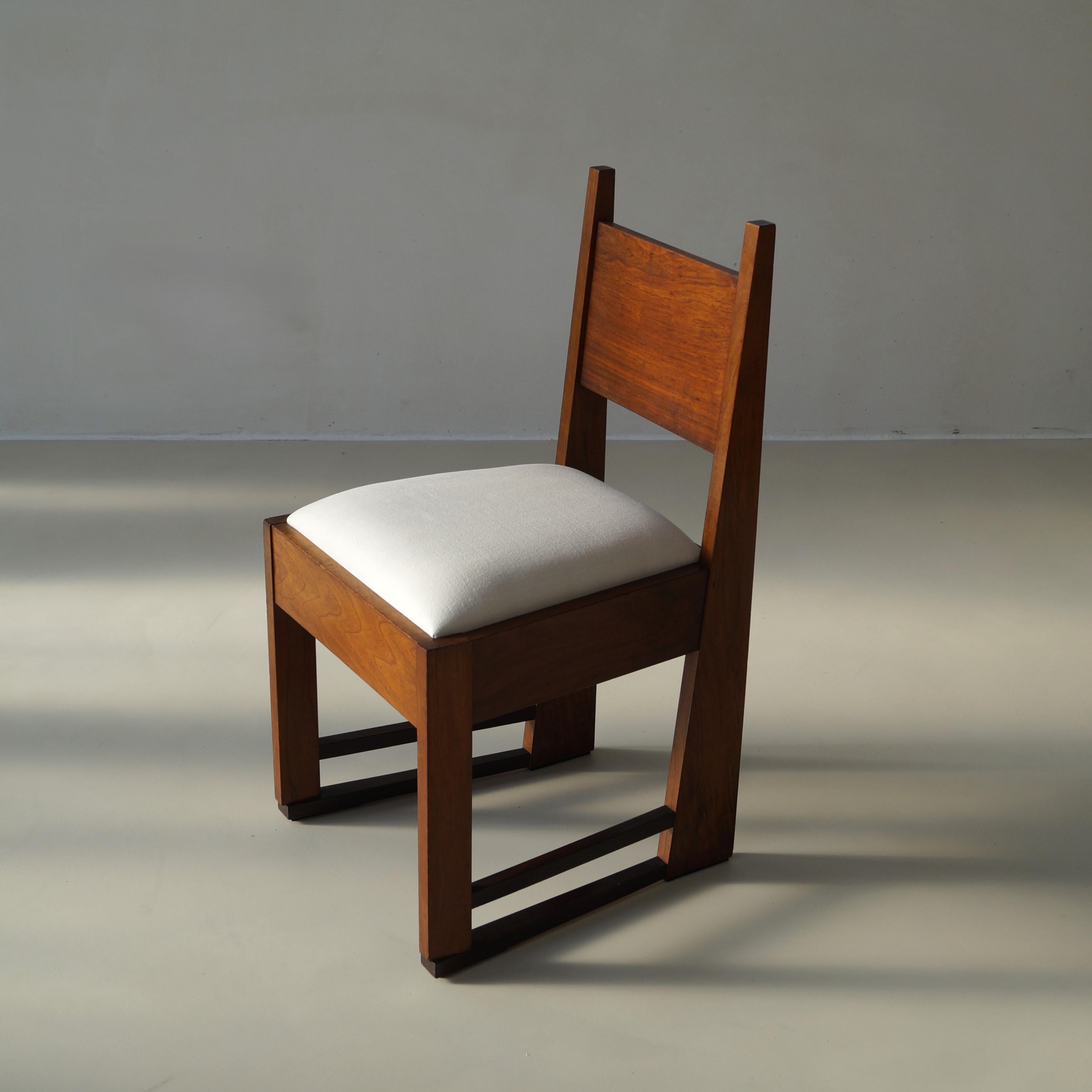 A French Art Deco/Modernist side chair (or accent chair) from the 1920s. 
The design of this chair is clearly inspired on Dutch designs in 'Haagse School'' (The Hague School) by Hendrik Wouda. 
For comparison a picture of a very similar chair by