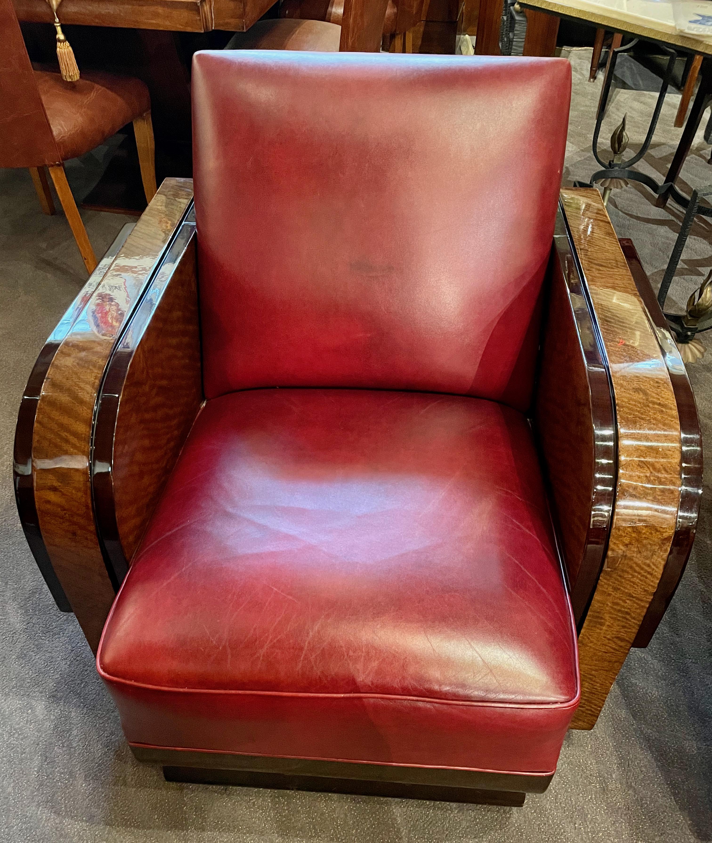 Art Deco Modernist French Wood & Leather Club Chairs