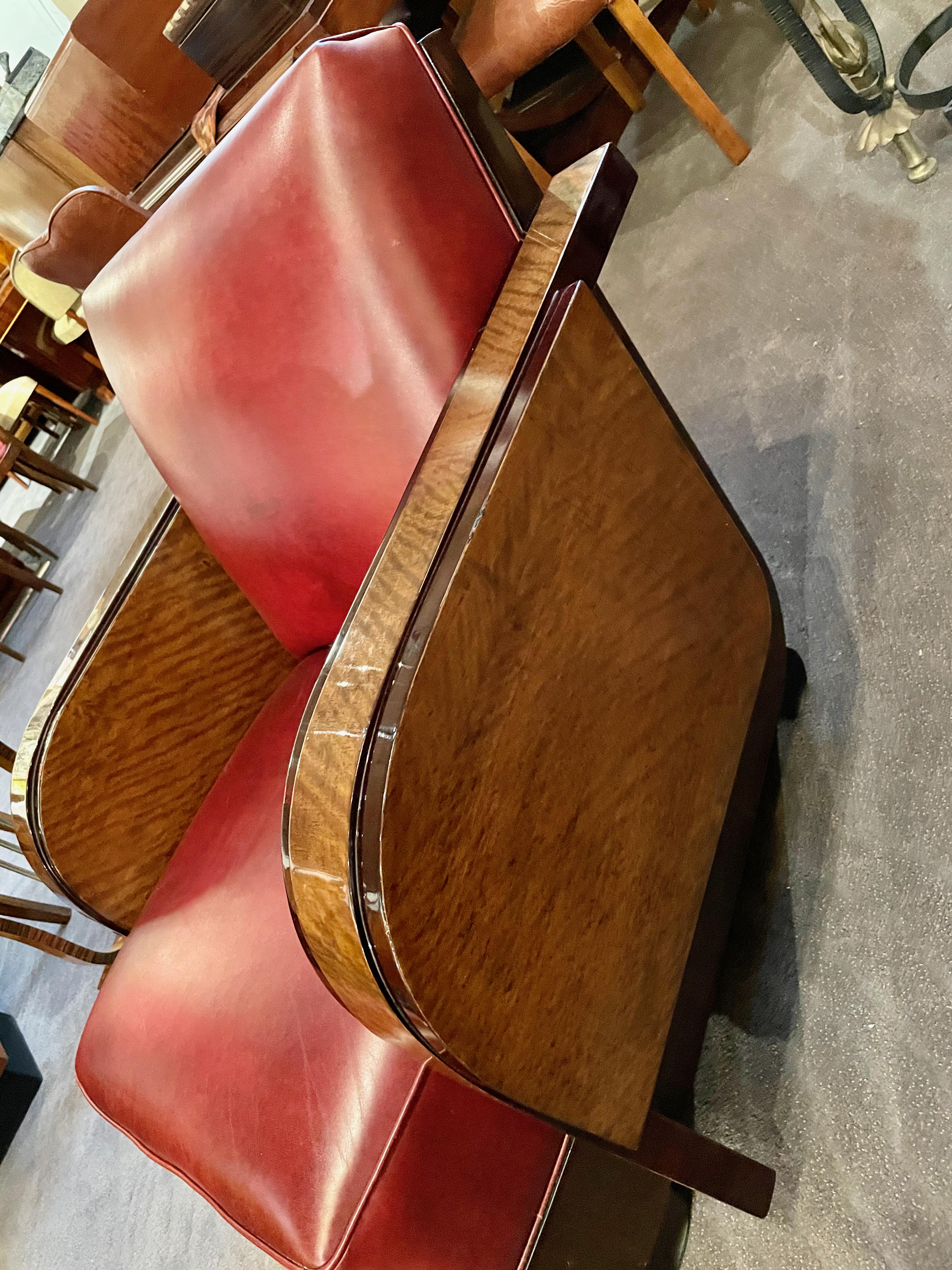 Modernist French Wood & Leather Club Chairs In Good Condition In Oakland, CA