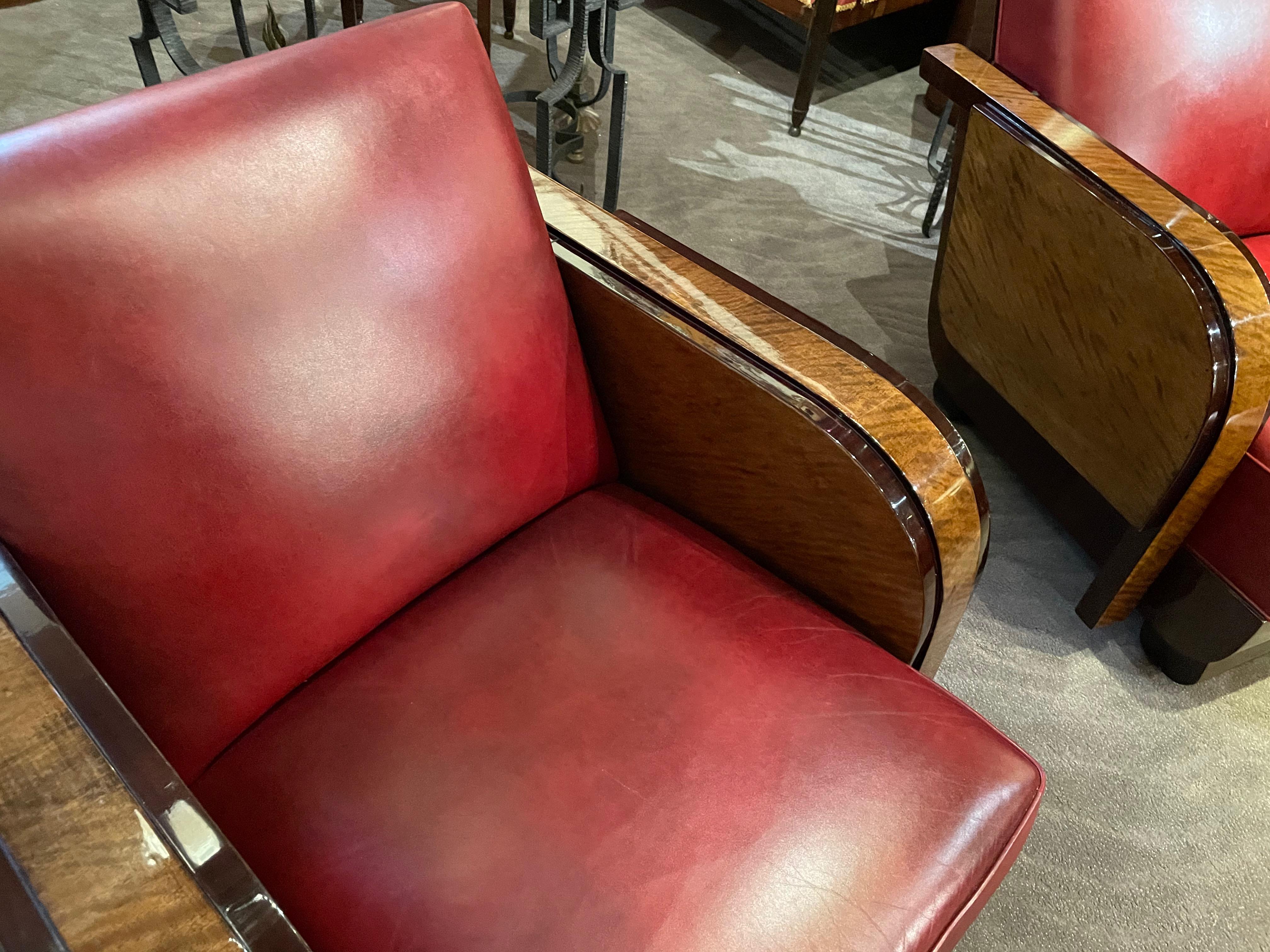 Mid-20th Century Modernist French Wood & Leather Club Chairs