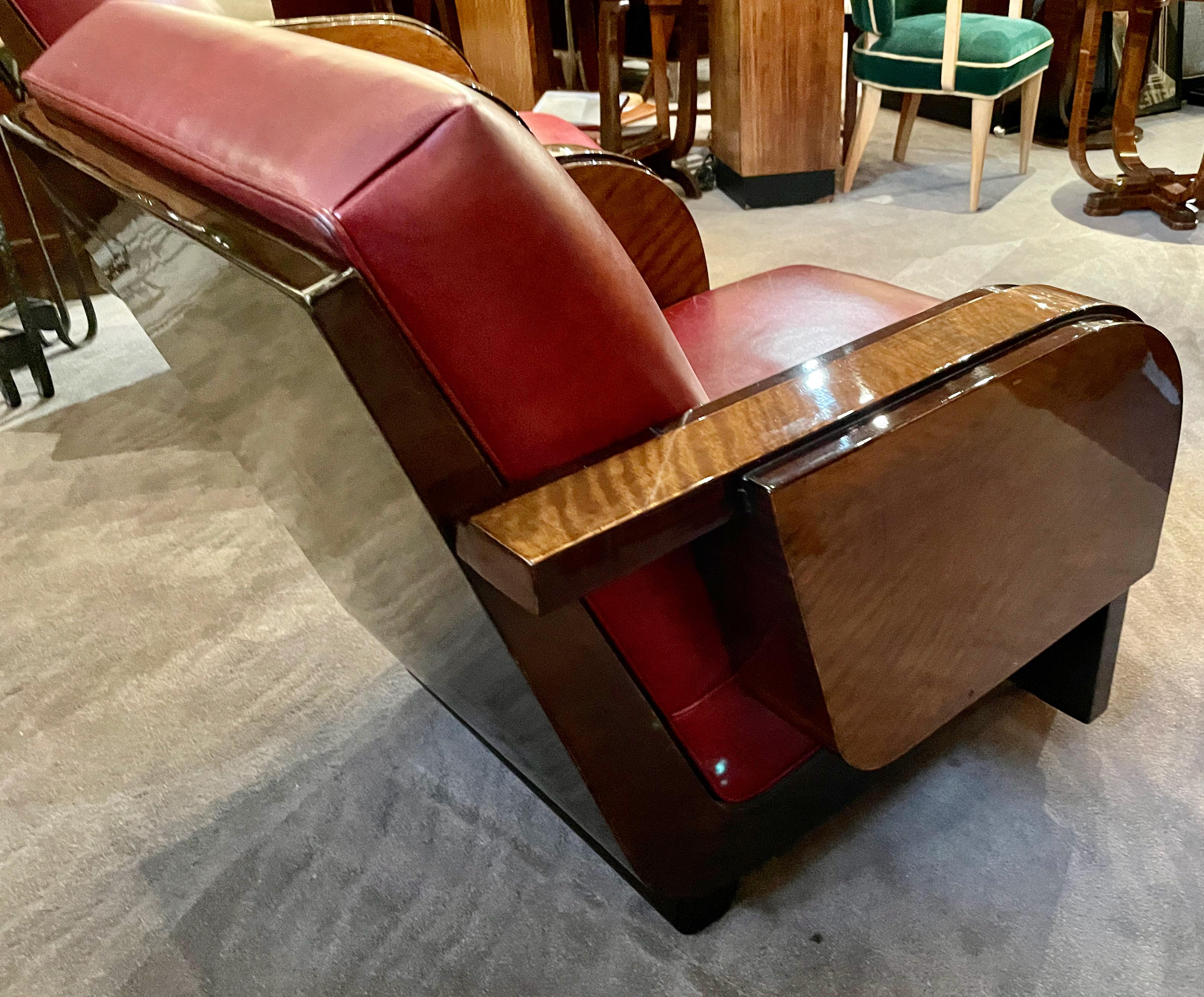 Modernist French Wood & Leather Club Chairs 3