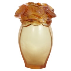 Modernist Frosted Carnelian Glass Floral Vase Signed by Lalique