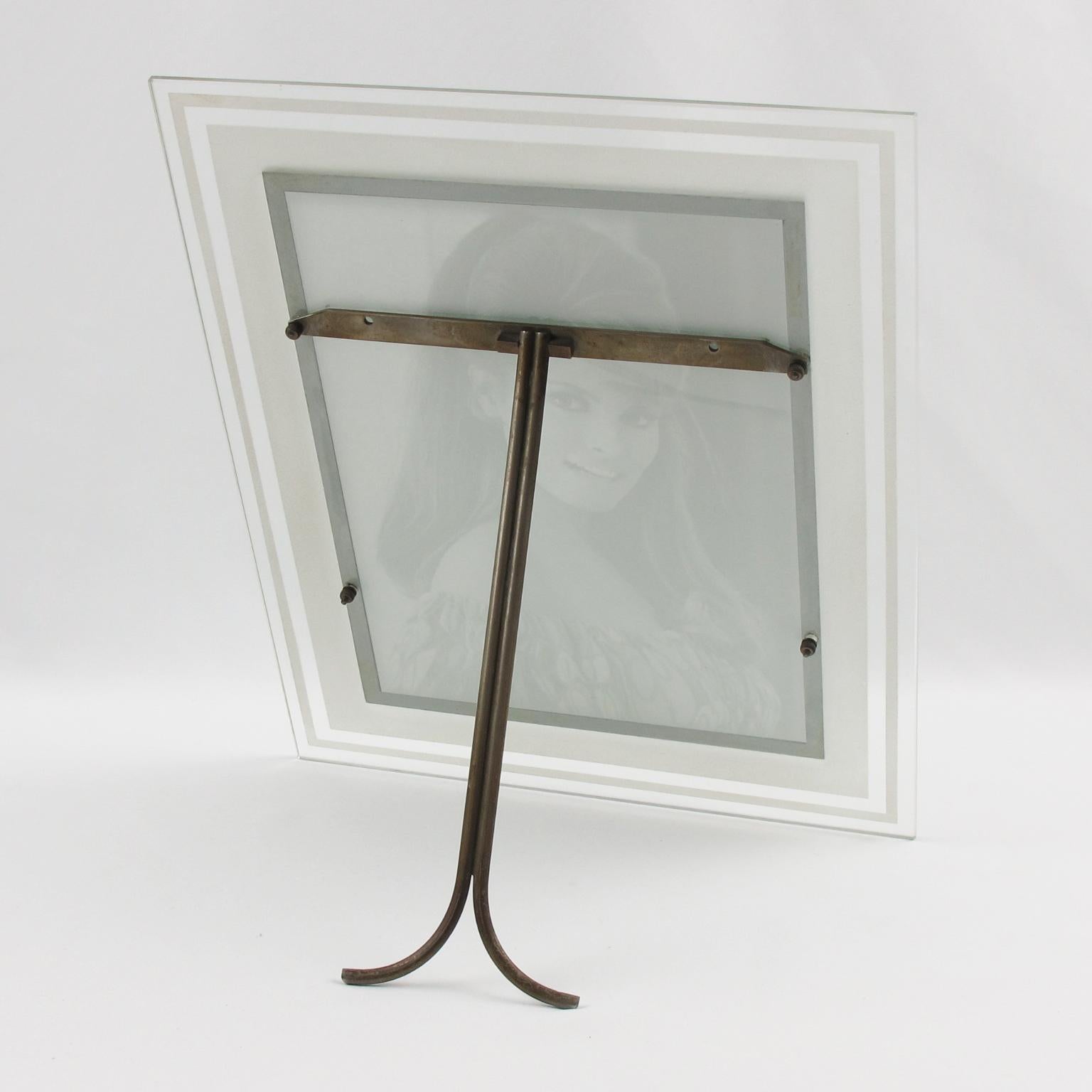 French Modernist Frosted Glass and Metal Picture Frame, circa 1940 For Sale