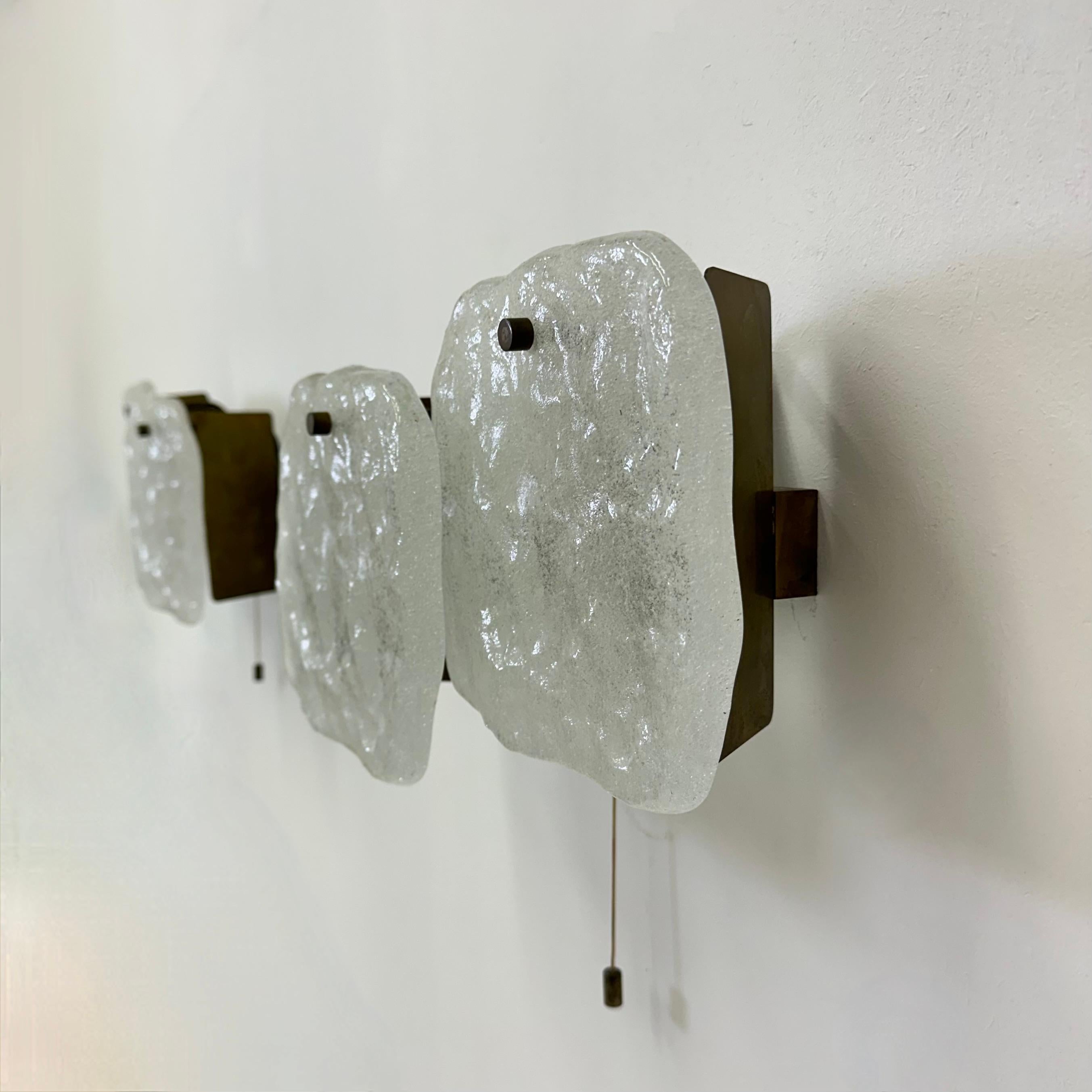 Brass Modernist Frosted Ice Glass Wall Lamp attributed to J. T. Kalmar for Kalmar, 196 For Sale
