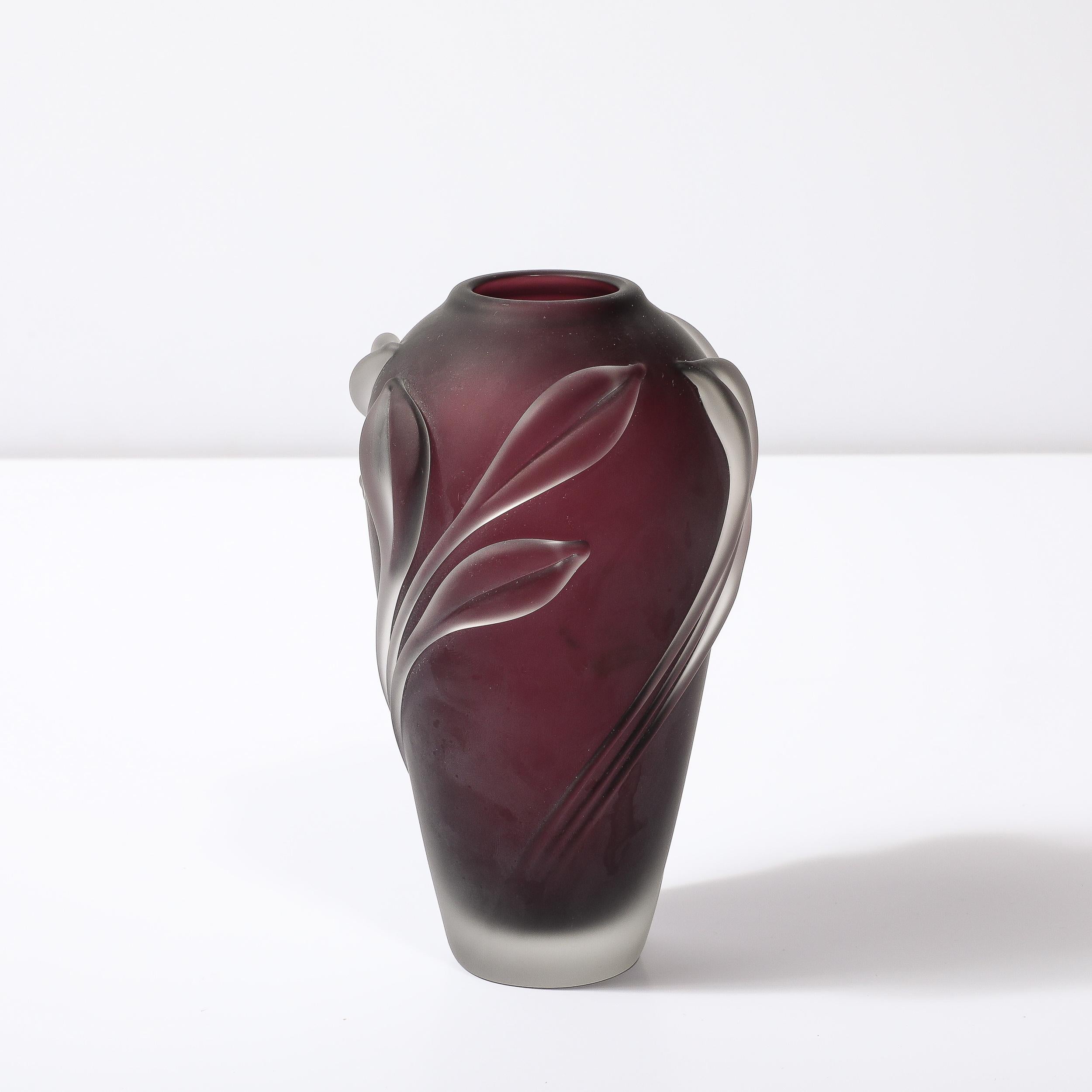 American Modernist Frosted Smoked Amethyst Floral Detail Glass Vase by William Glasner For Sale